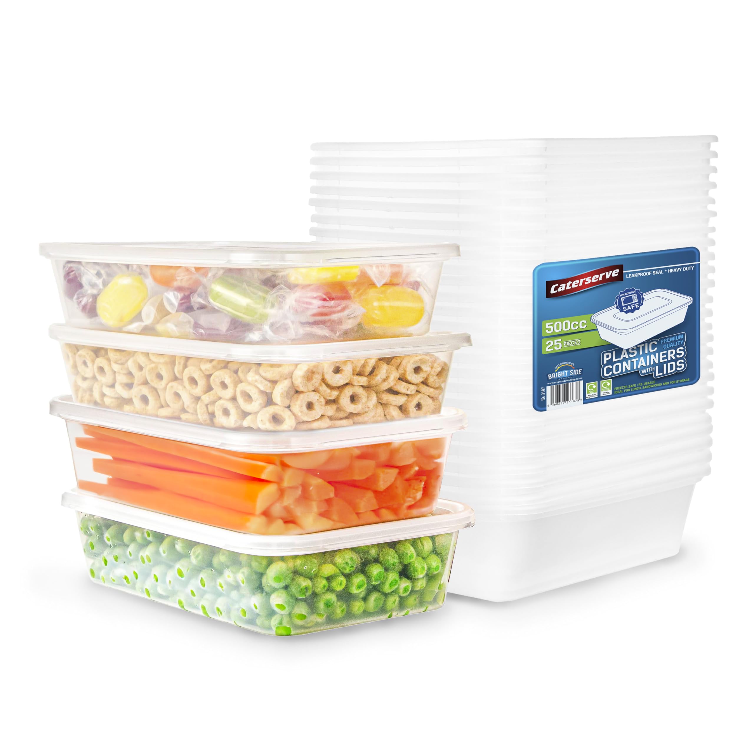 Caterserve 25 Pack Reusable Plastic Containers with Lids (500ml) for Food Storage & Meal Prep - Microwave & Dishwasher Safe, BPA-Free & Recyclable