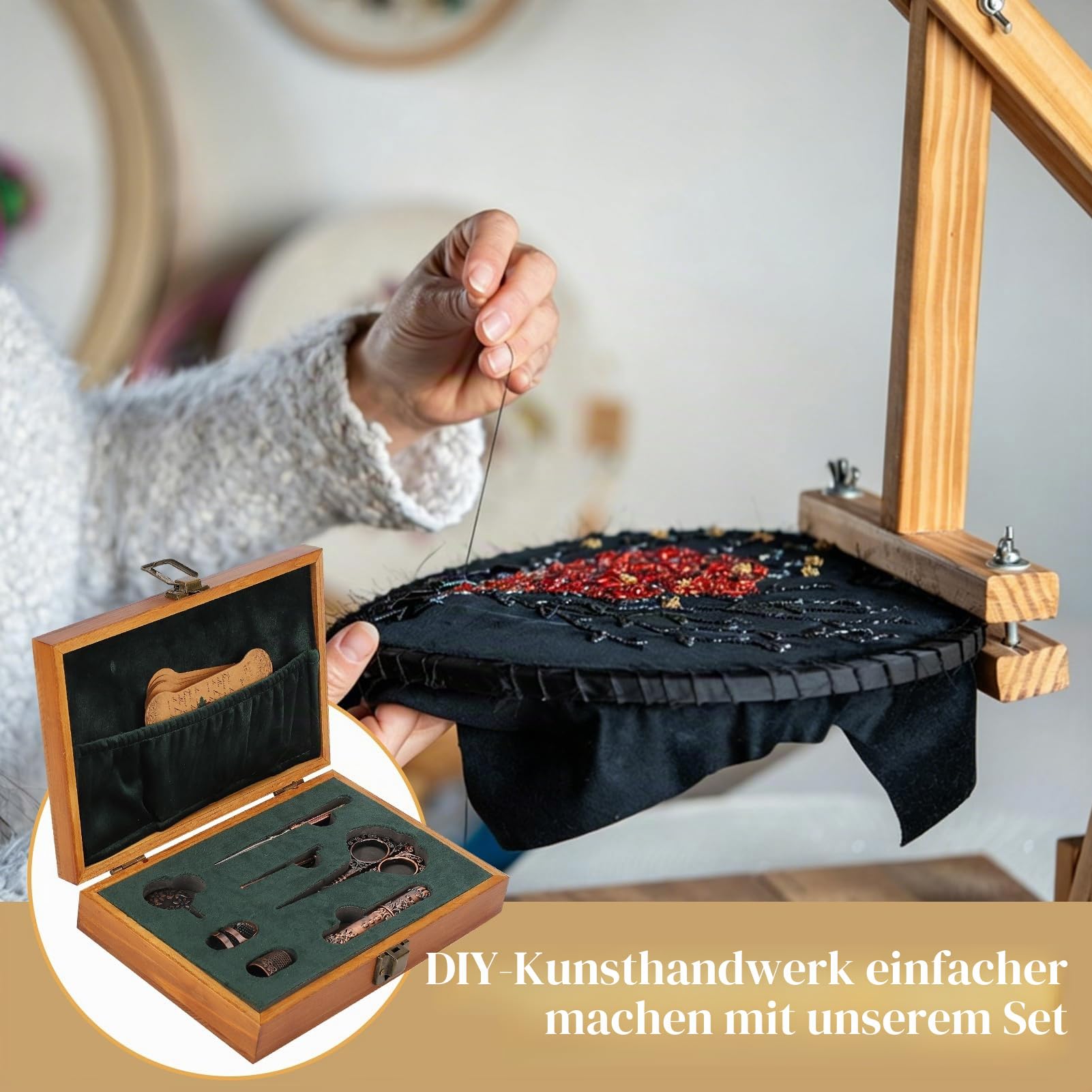 7-teiliges Nähwerkzeug Set für Basteln Nähen Handarbeiten Stickerei | Vintage, Massivholz, Edelstahl, Kompaktes, mit Fingerhut Einfädler aus Edelstahl