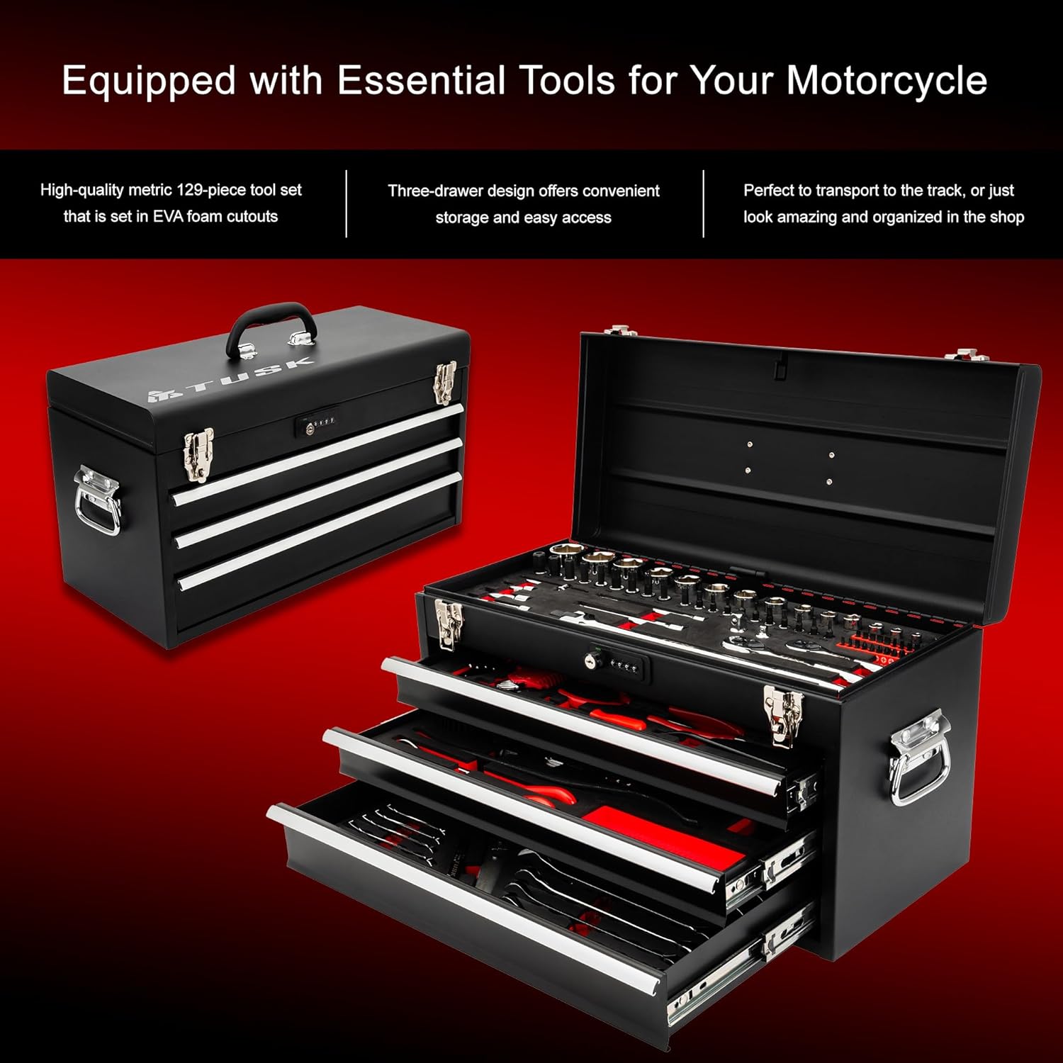 TUSK Tool Box with Tools EVA Foam Cut Outs and 129-Piece Tool Set 3-Drawer Portable Moto Box