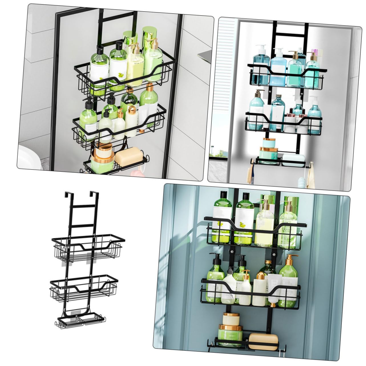 Portaoggetti Doccia 3 Livelli in Ferro Nero per Bagno e Cucina | Design a Rete, Uso Multiplo, Struttura da Appendere Oltre Porta senza Forare