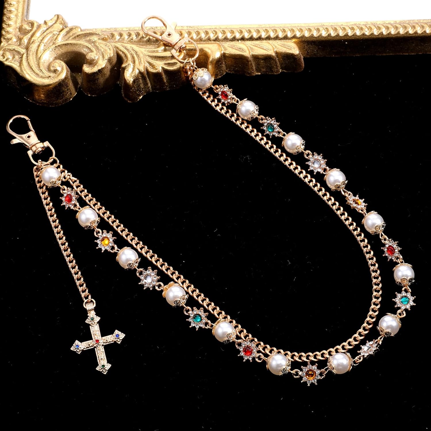 Pants Wallet Chains Layered Exquisite Gold Rhinestone Flower Pearl Jean Pocket Chain Fashion Hip Hop Cross Belt Keychain Accessory Cute Double Bag Purse Charms Pendant Jewelry for Women Men - Image 4