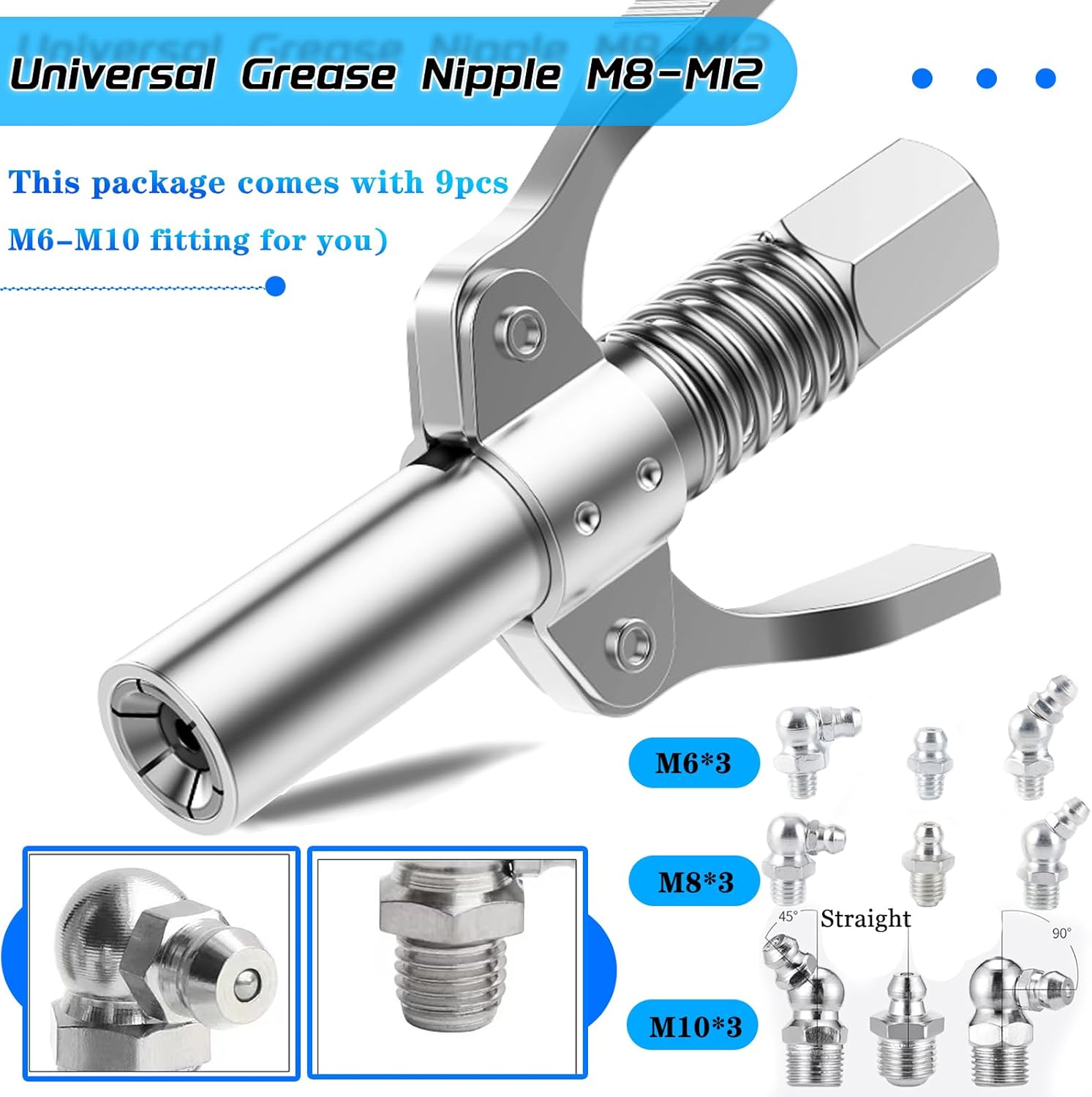 Grease Gun Coupler Quick Lock and Release Lube Grease Gun Tip 2PCS+12''Grease Gun Tube+9PCS Grease Nipple Nozzle Ends Kit M6-M10 Compatible with All Grease Guns 1/8" Npt 10000PSI