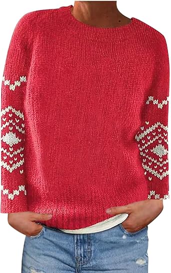 Womens Fair Isle Sweaters Vintage Long Sleeve Knitted Cashmere Pullover Casual Winter Fall Loose Crewneck Sweater