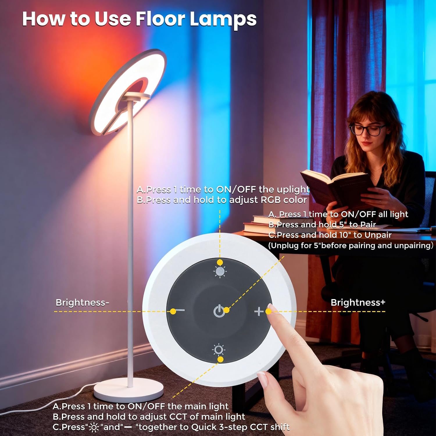 LightingWill 79'' Adjustable Tall Floor Lamp with Remote, 2-in-1 Dimmalbe LED Corner Floor Lamp, 4300LM/40W+8W RGB Bright LED Lamp for Office, Living Room, Bedroom, Reading, Ambient Lighting