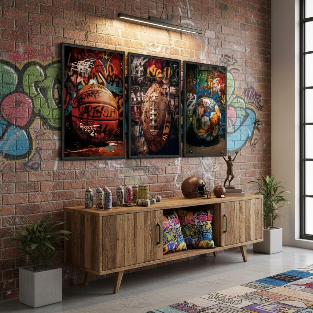 3Pcs Graffiti Sports Canvas Wall Art Modern Colorful Balls Posters Print Artwork Cool Boy's Room Painting Pictures Wall Decor for Living Room Bedroom Playroom Home Decoration 16x24In Unframed image 5