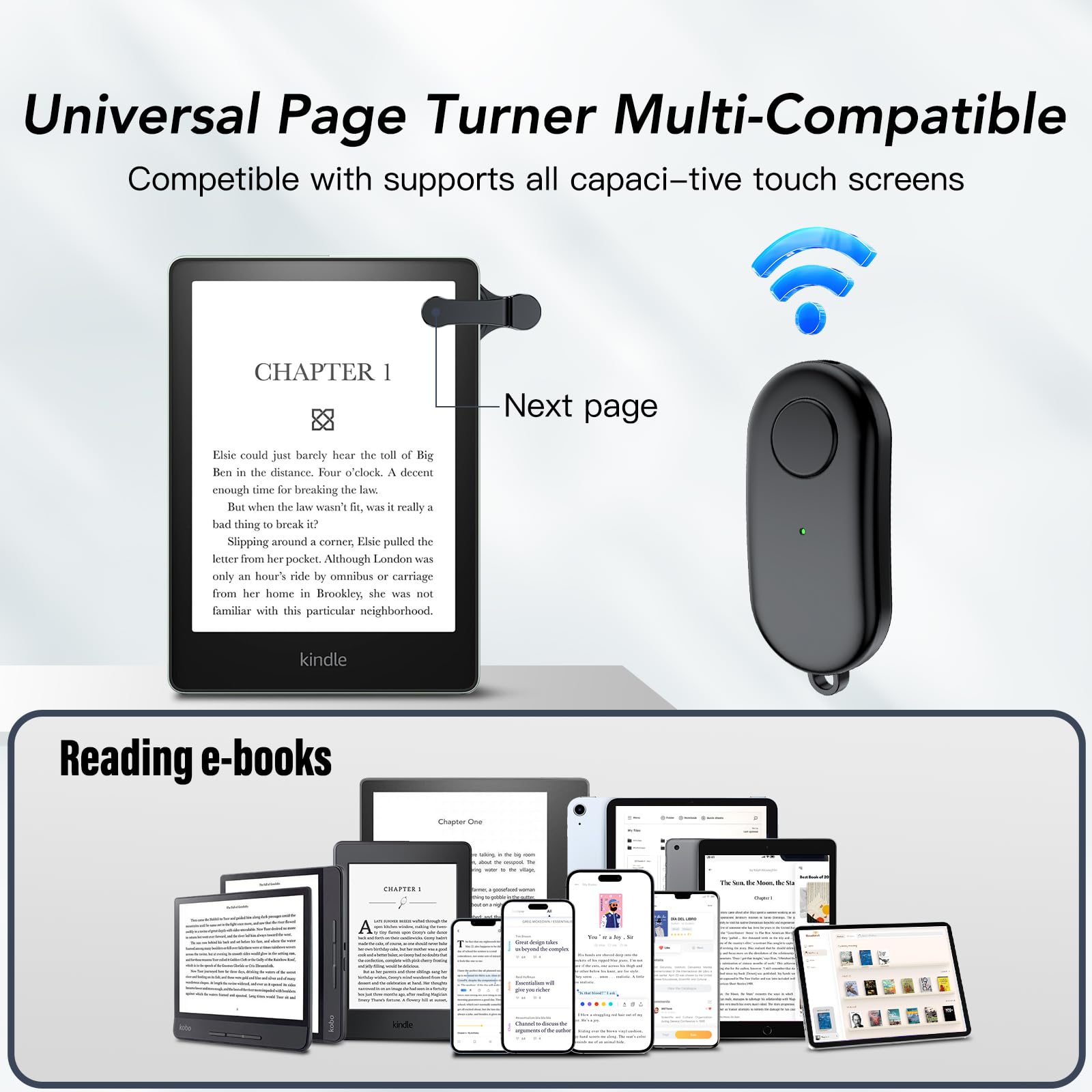 HIGHGO Seitenumkehrer mit Fernbedienung für Kindle Paperwhite Oasis Kobo eReader, Kindle Clicker Seitenumkehrer, Zubehör für iPhone, iPad, Android-Tablets, Leseromane, Kamera-Videoaufnahmen und