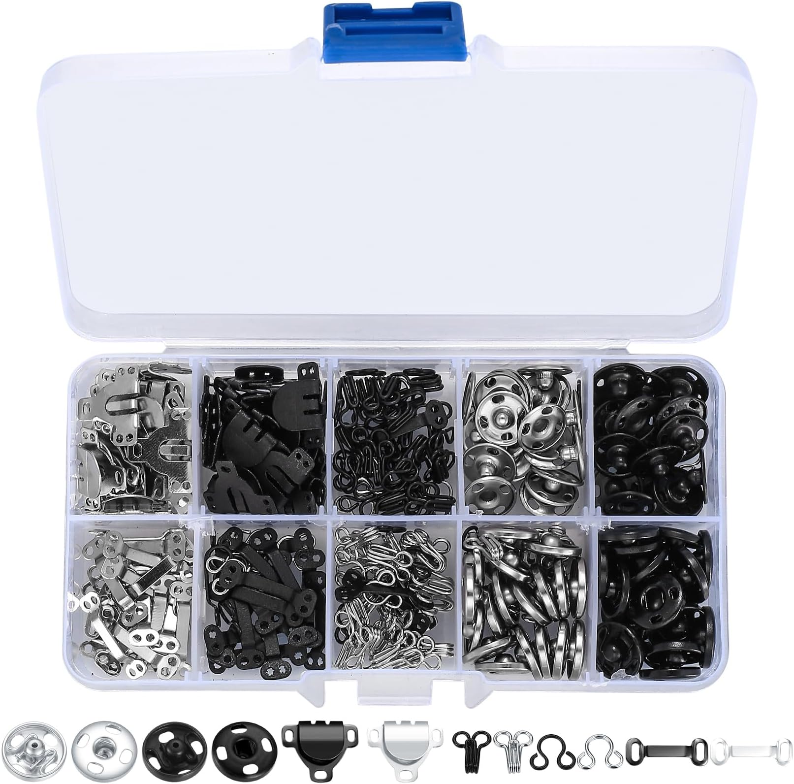 100 Pcs Sewing Hooks and Eyes Closure Set, 3 Styles Skirt Hook and Eye Closures Sewing Snaps Kit, Metal Snaps Buttons Fasteners Press Studs Set for Skirt, Bra, Trousers, Dress, Sewing, DIY Crafting