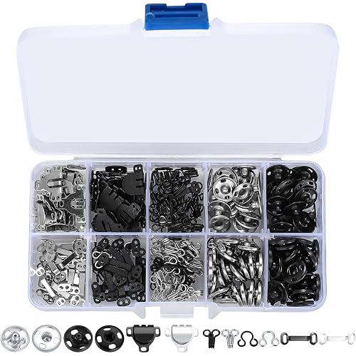 200 Pcs Sewing Hooks and Eyes Closure Set, 3 Styles Skirt Hook and Eye Closures Sewing Snaps Kit, Metal Snaps Buttons Fasteners Press Studs Set for Skirt, Bra, Trousers, Dress, Sewing, DIY Crafting