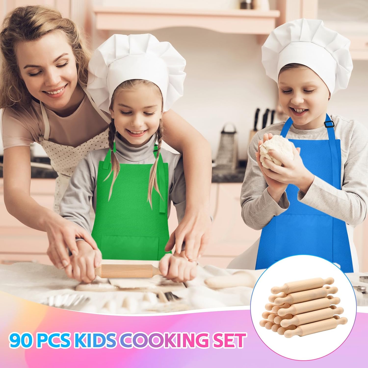 90 Pcs Kids Cooking Set Bulk for Real Food Making Kitchen Baking Tools Supply Fruit Knife Cutting Board Adjustable Children Aprons Egg Beater Spatula Rolling Pin Birthday Christmas Utensils Gift