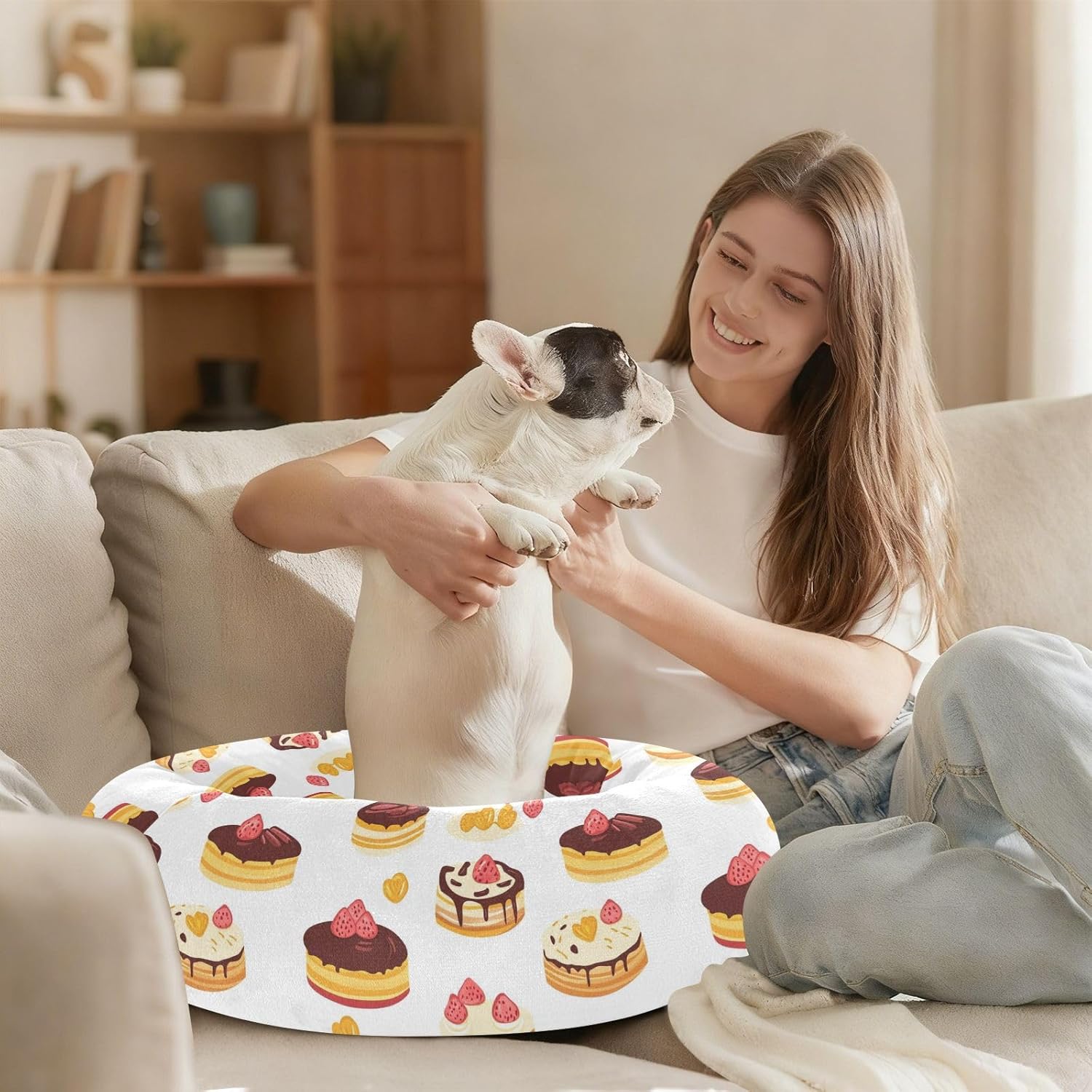 Pet Dog Bed Relieve Stress Fluffy Cat Pillow Bed for Extra Small Size Pets Supplies M Cartoon Sweets Cakes