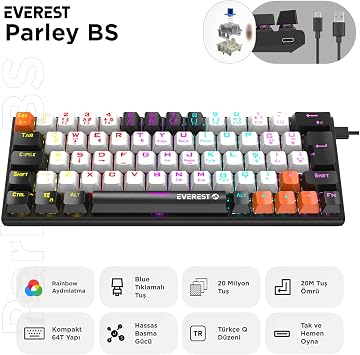Everest PARLEY Beyaz/Siyah Rainbow Aydınlatmalı Türkçe Q Blue Switch Mekanik Gaming Oyuncu Klavyesi OUTLET