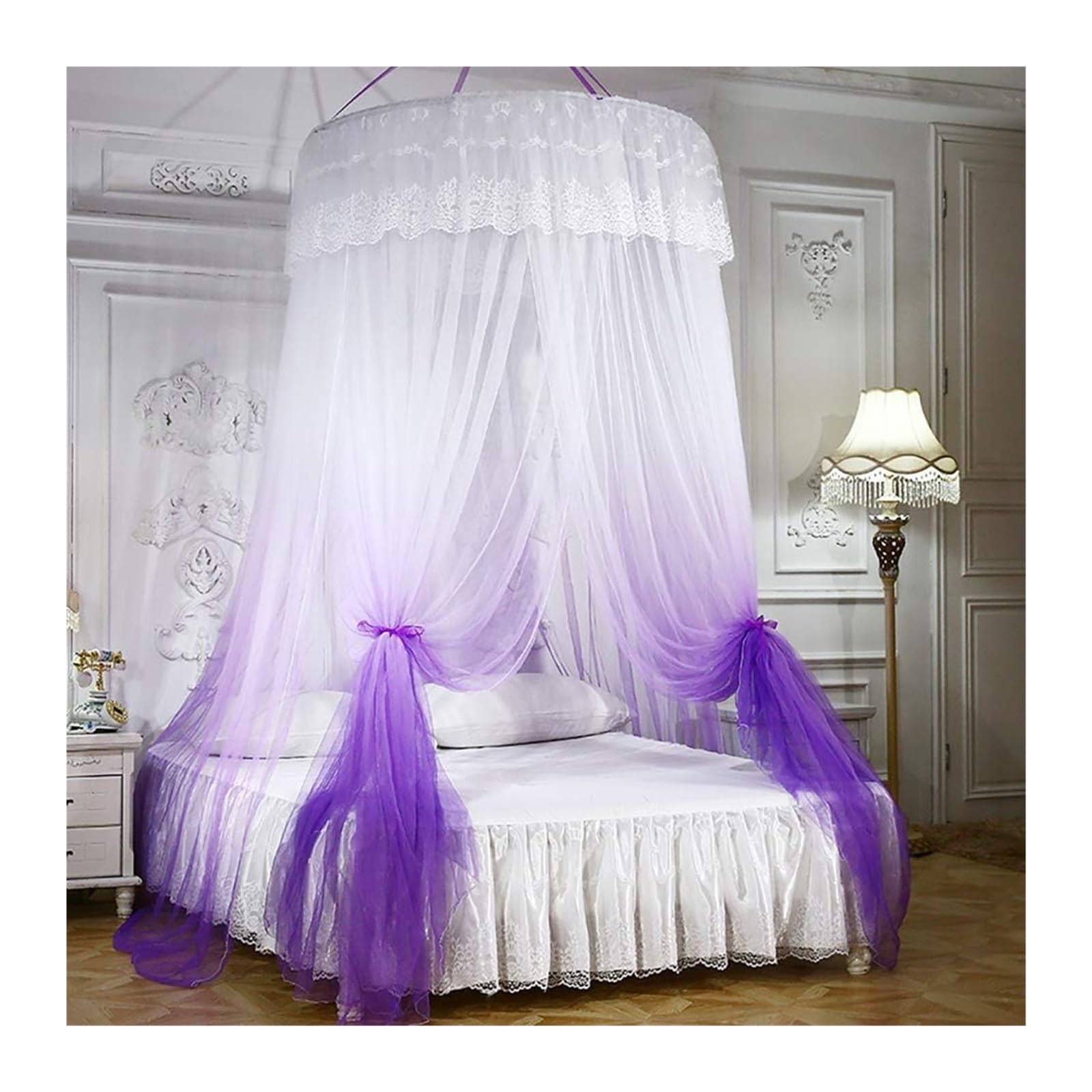 Moustiquaire lit baldaquin grand dôme rideaux violets de décoration