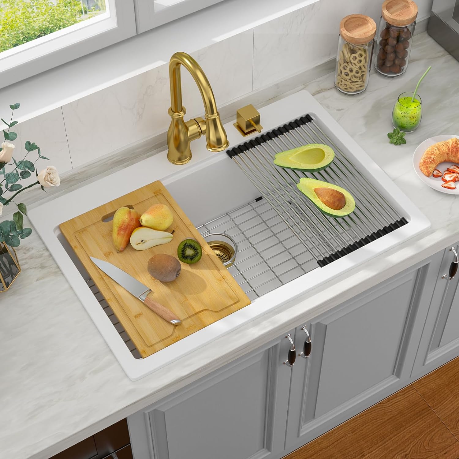 33 Inch Granite Composite Kitchen Sink-33x22 Drop In Workstation White Quartz Topmount Large Deep Single Bowl Over Counter Classic Sink Basin