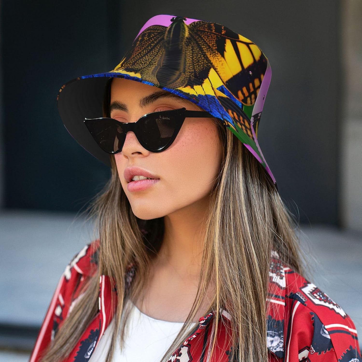 Floral Butterfly Print Sun Hat Outdoor Fisherman Cap Summer Bucket Hat Beach for Men Women Black
