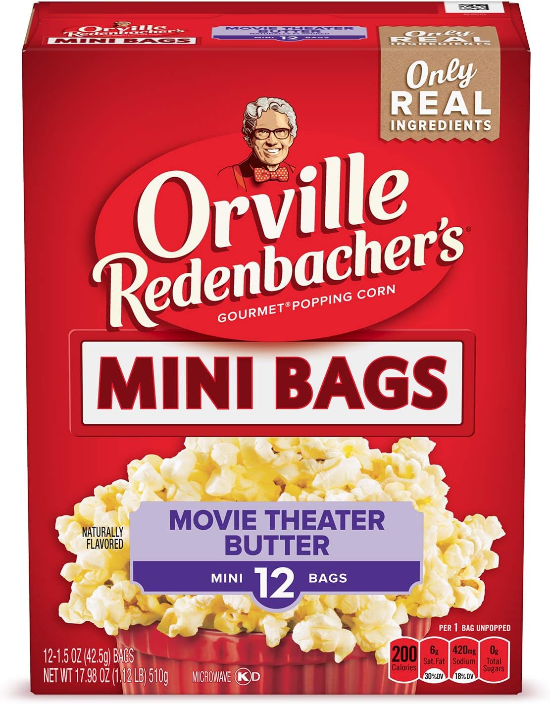 Orville Redenbacher’s Microwave Popcorn Mini Bags, Movie Theater Butter Flavor, 3g Fiber Per Serving, 1.5 oz., 12-Count