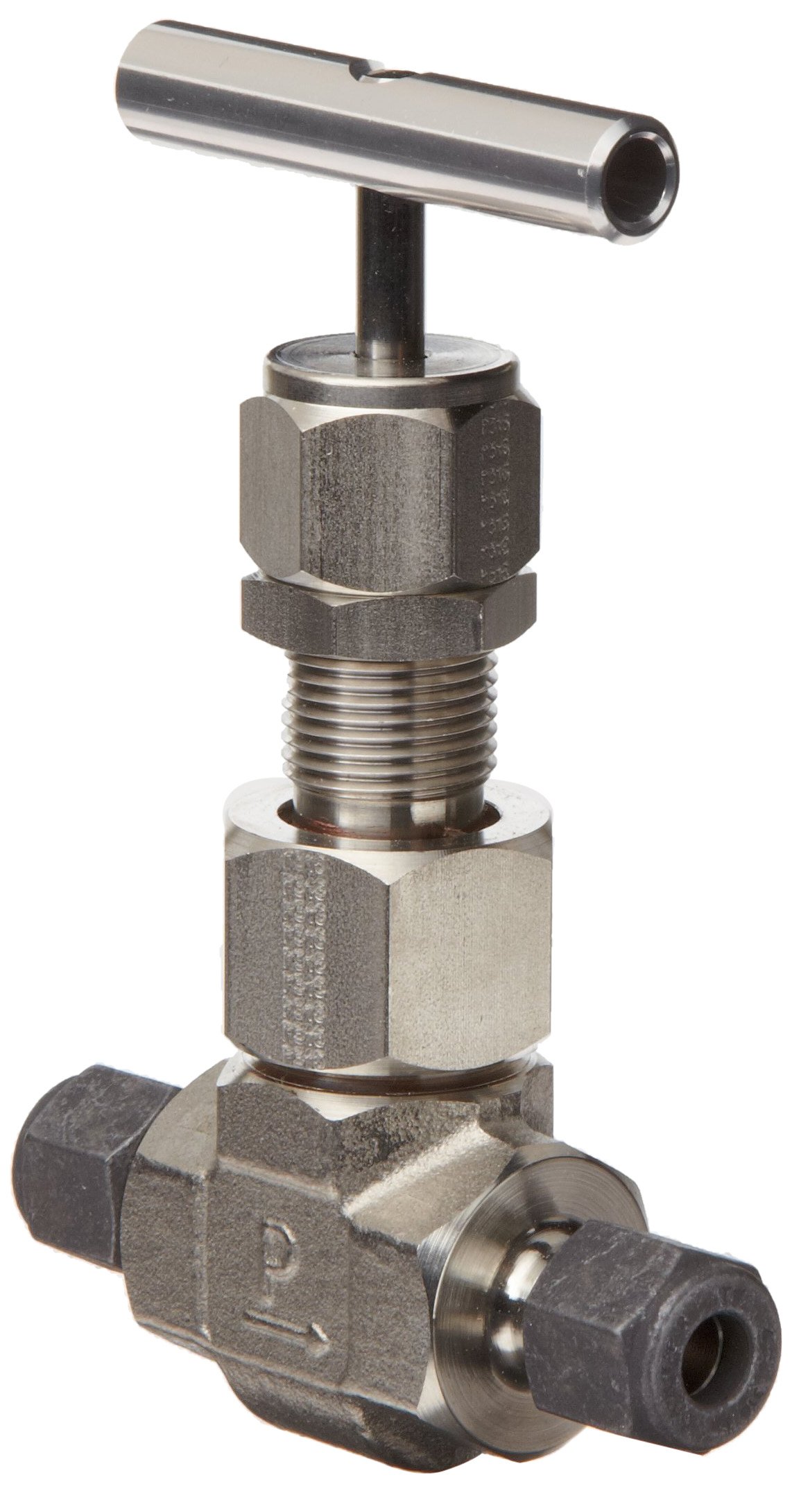 Parker U Series Stainless Steel 316 Needle Valve, Inline, T-Bar Handle, Regulating Stem, 1/2" CPI Compression Fitting