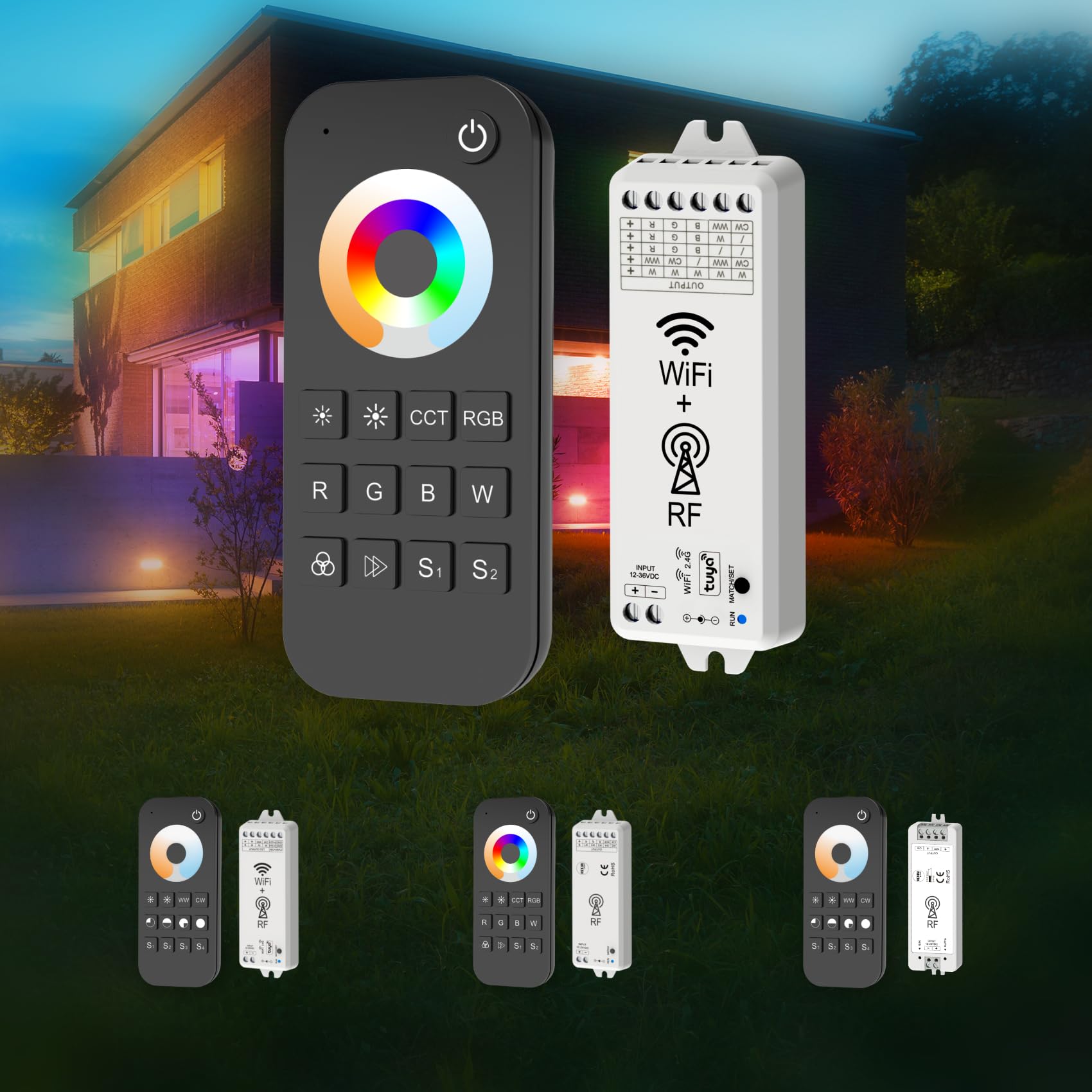 HEXIM 12-36V LED Controller & Fernbedienung Set - Wi-FI & RF Steuerung LED Beleuchtung. RGB/W/CCT Alexa Smart Home & Phone kompatibel - Tuya App (WT5+RT5, RGB/W/CCT Wifi RF Controller+Fernbedienung)