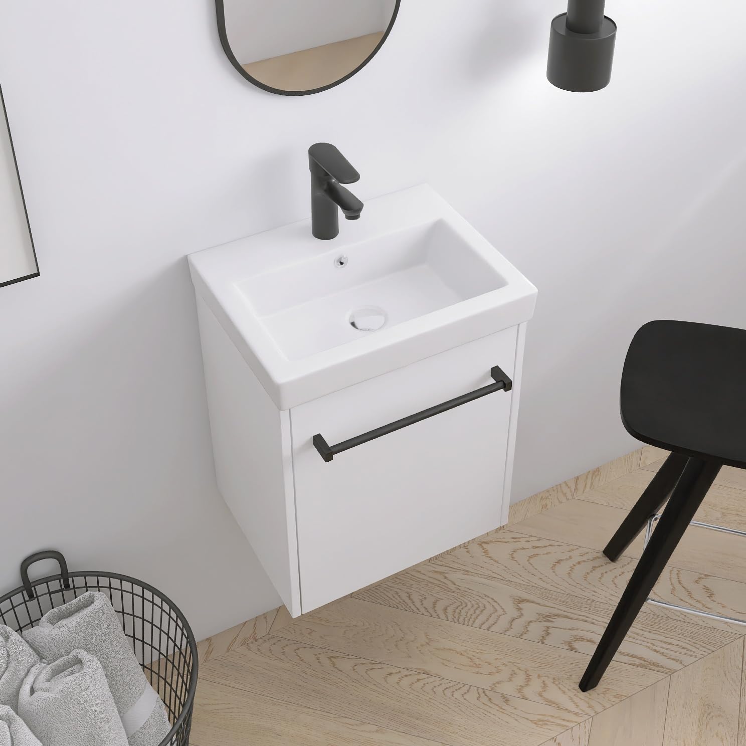 18" Bathroom Vanity with Sink, 18 Inch Floating Bathroom Vanity for Small Space, Modern Single Sink Vanity Combo, White Wall Mounted Cabinet Set