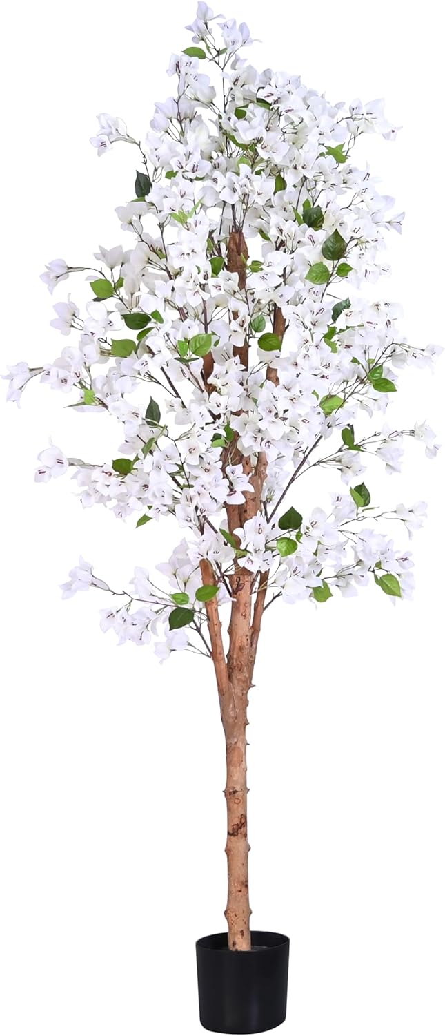 Lifelike Artificial Trees Bougainvillea with Natural Wood Trunks, Silk Faux Bougainvillea Trees with Silk White Flowers, Home Decor Indoor for Living Room, Porch, Office (5FT)