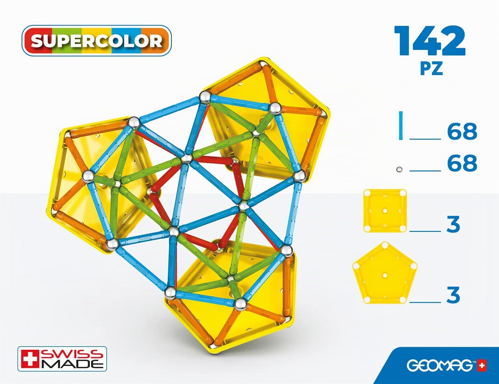 Geomag Classic Supercolor Recycled 142, Costruzioni Magnetiche, Barrette e Pannelli Colorati, Confezione da 142 Pezzi, Plastica 100% Riciclata