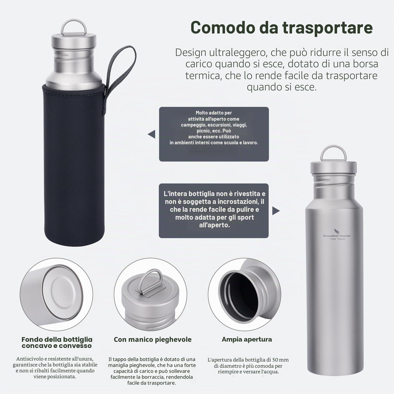 Boundless Voyage Outdoor 750ml Borraccia sportiva in titanio con coperchio in titanio per escursioni in bici da campeggio