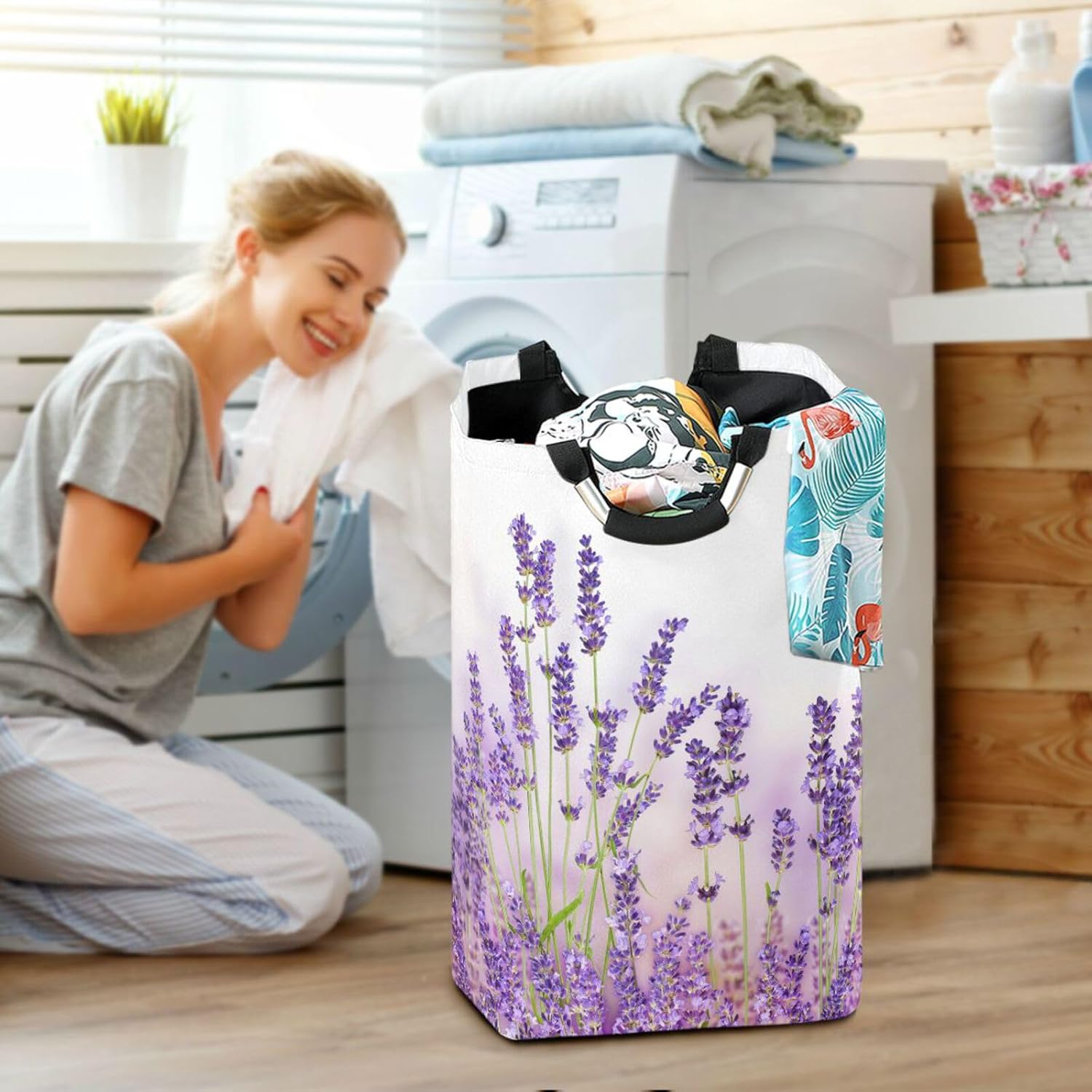 YETTASBIN Purple Lavender Laundry Hamper, Waterproof Foldable Laundry Basket Large Dirty Clothes Toys Storage Basket with Handle for Bathroom, Bedroom, Laundry Room, Playroom