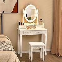 Vista 34 de CHARMAID Mesa de tocador para niñas con espejo iluminado y taburete, 10 luces LED regulables, 3 modos de iluminación de color, 4 cajones, mango