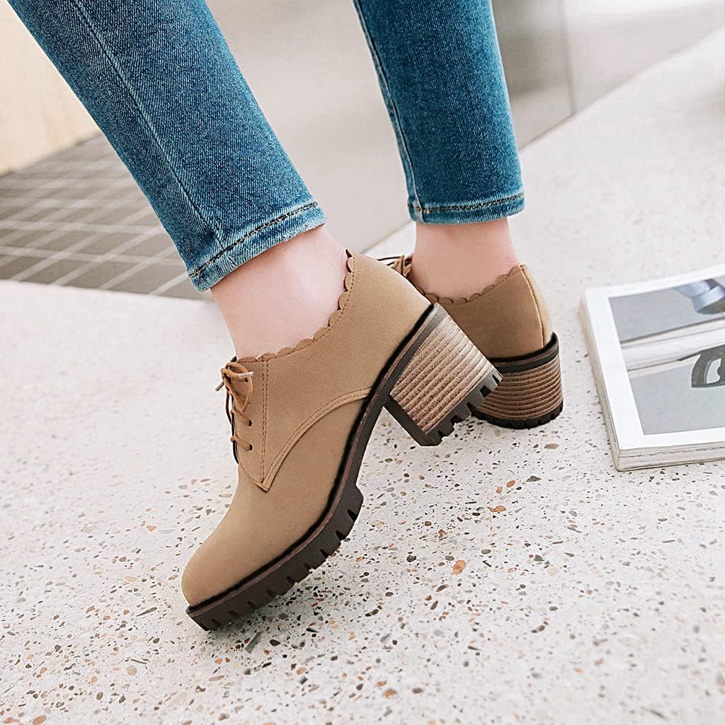 MIOKE Women's Casual Platform Lace Up Pump Oxfords Round Toe Suede Chunky High Heel Vintage Dress Shoes