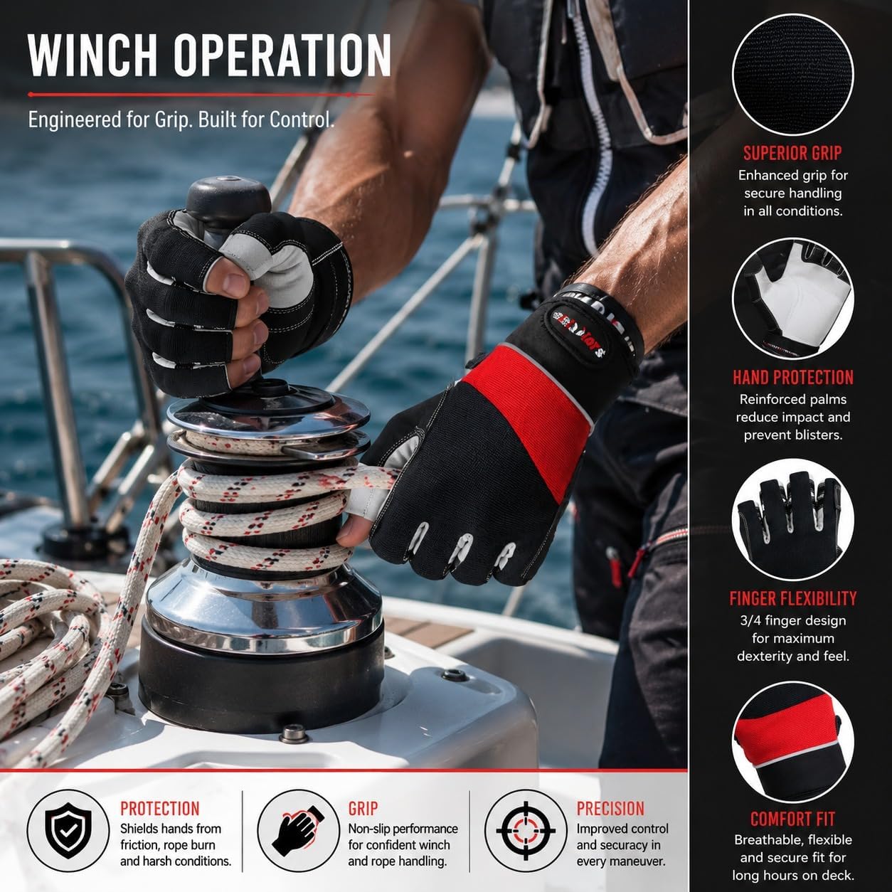 MRX Sailing Gloves for Men & Women 3/4 Finger Grip Great for Sailing, Yachting, Paddling, Kayaking, Fishing, Dinghying Water Sports