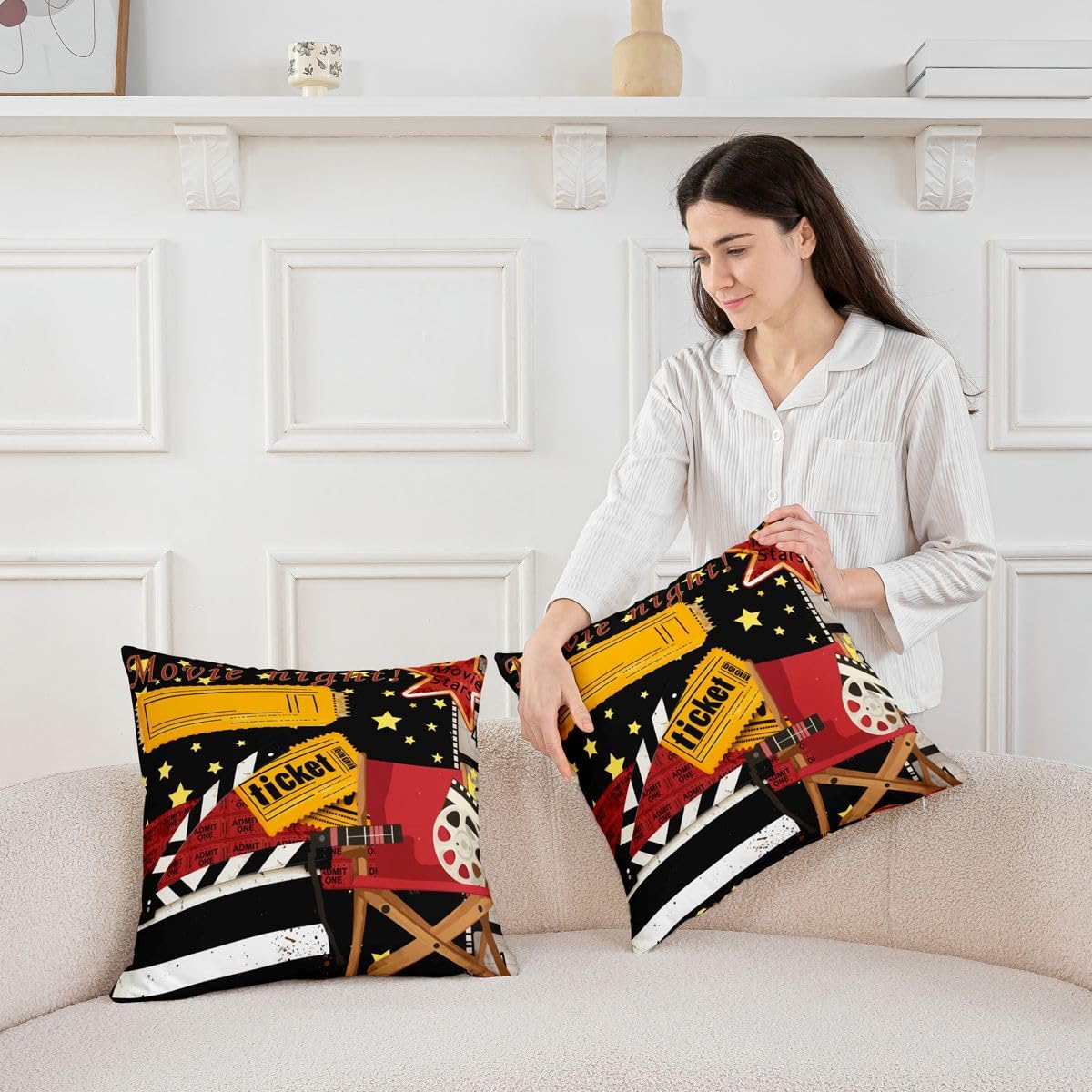 Feelyou Movie Night Reversible Throw Pillow Covers Cinema Poster Star Print Square Cushion Covers Set of 2 for Kids Popcorn Pillow Covers Home Decor Old Fashion Home Decor Director Film 18 x 18-Inch