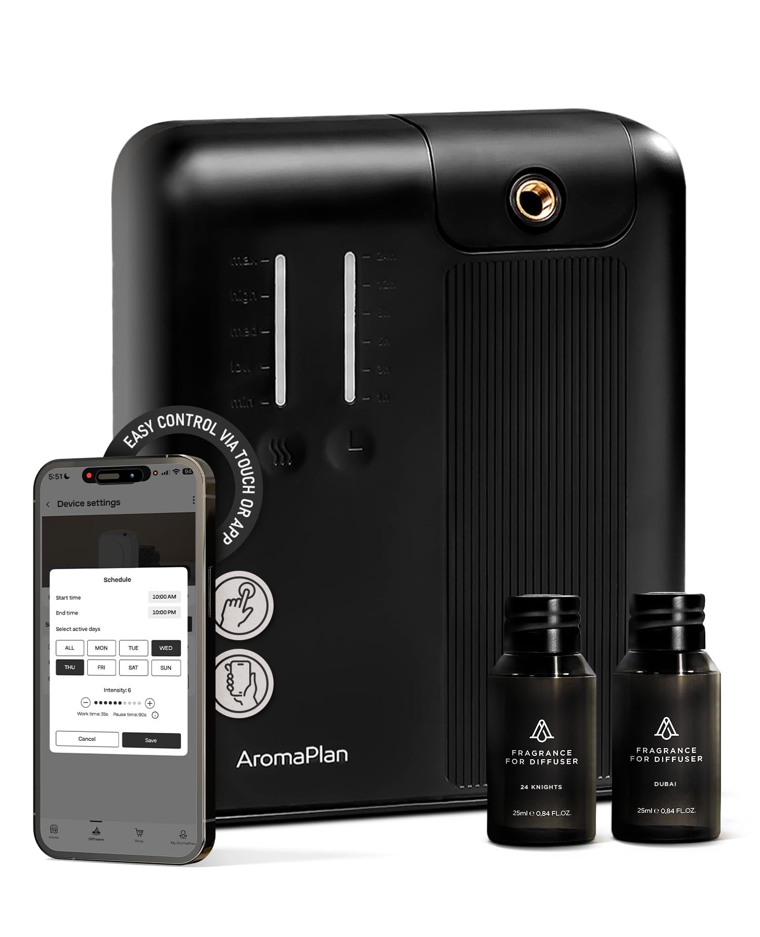 AromaPlan 2025 HVAC Waterless Oil Diffuser, Smart Scent Air Machine (2 Fragrances Included)- Whole House & Commercial Hotel Collection Diffuser| Cold Air Tech, App & Tourch Control,2000 Sq. Ft -Black