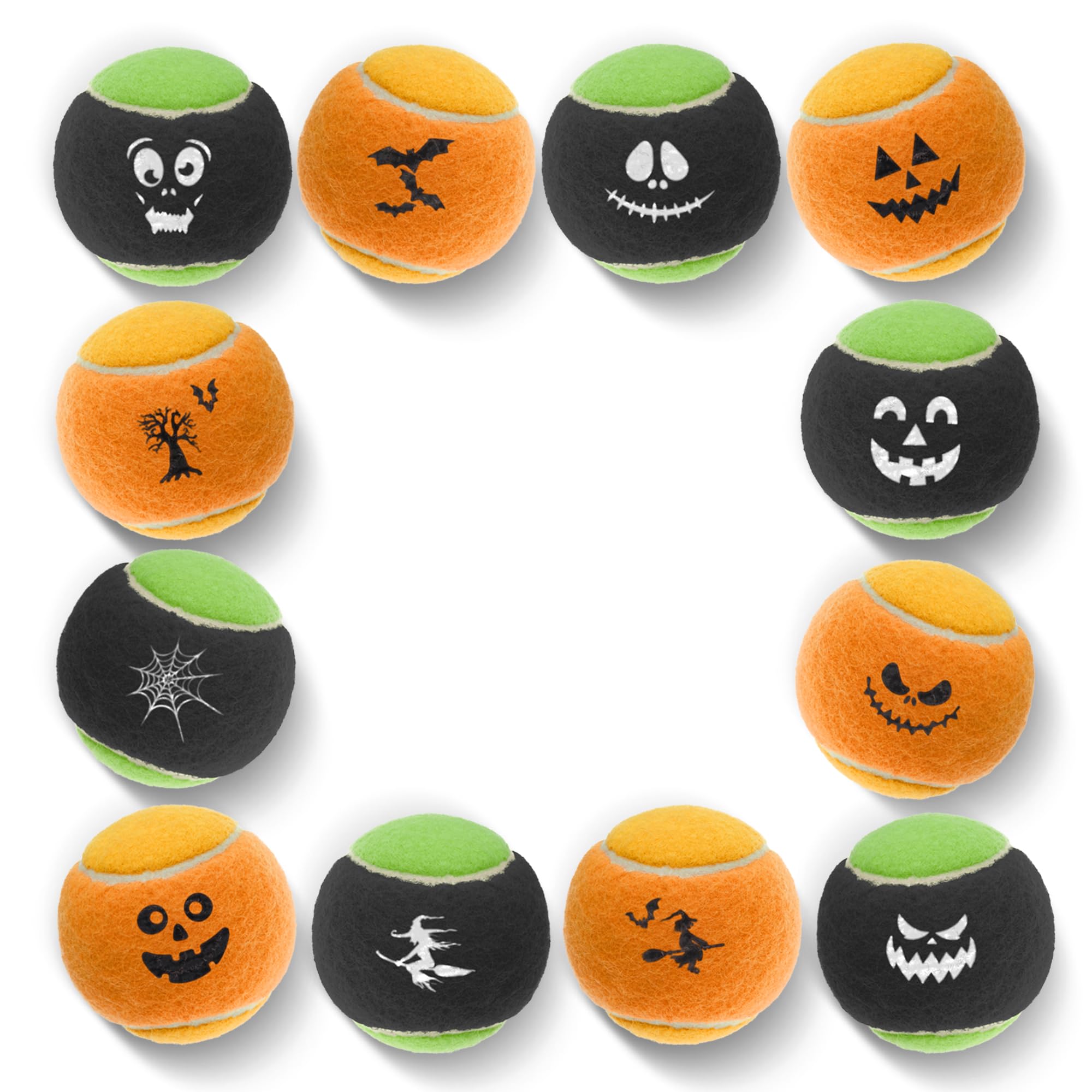 SPORTSPET Spooky SQUEAK! Balles de tennis pour chiens | Lot de 12 avec sac en maille | Balles couinantes pour chien | Balles pour chien non abrasives et sans pression | 64 mm | Jouets d'Halloween