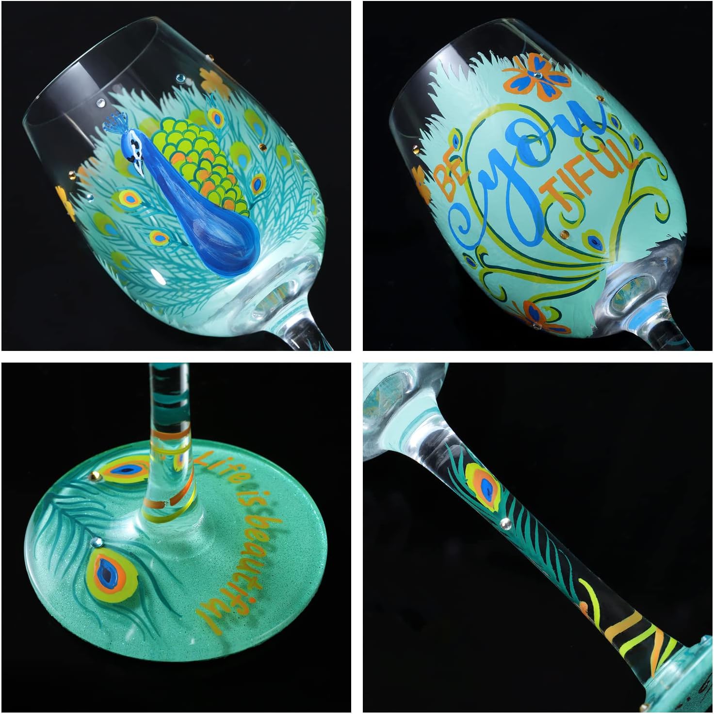 NymphFable Peacock Gifts Hand Painted Wine Glass 15oz Colorful Wine Glasses Personalised Birthday Peacock Gift for Women - Image 5