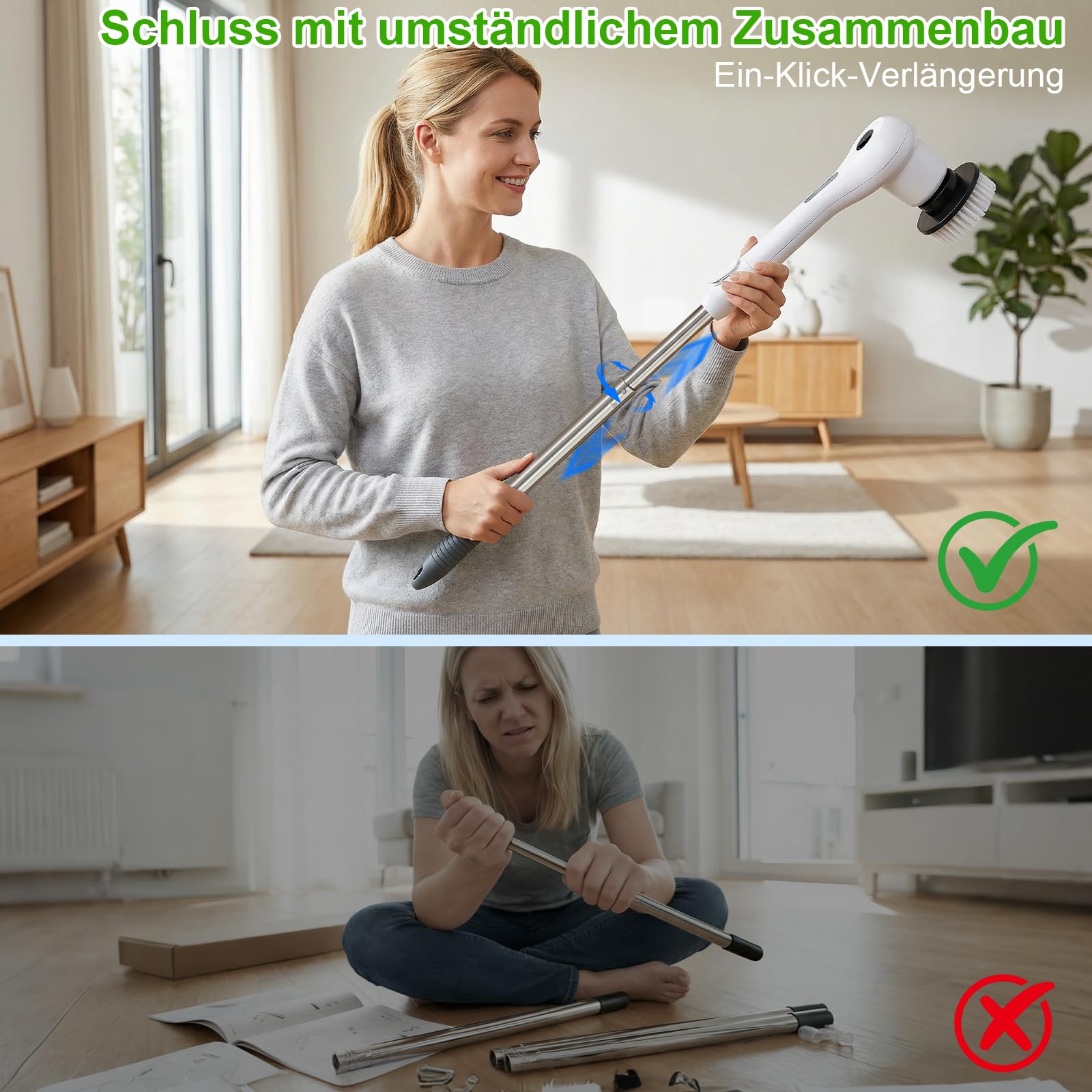 Elektrische Reinigungsbürste, 8 in 1 Putzbürste Elektrisch, Electric Cleaning Brush IPX7 Wasserdichter mit Austauschbaren Bohrbürstenköpfen und Verstellbarem Griff für Badezimmer, Fliesen, Küchenherd