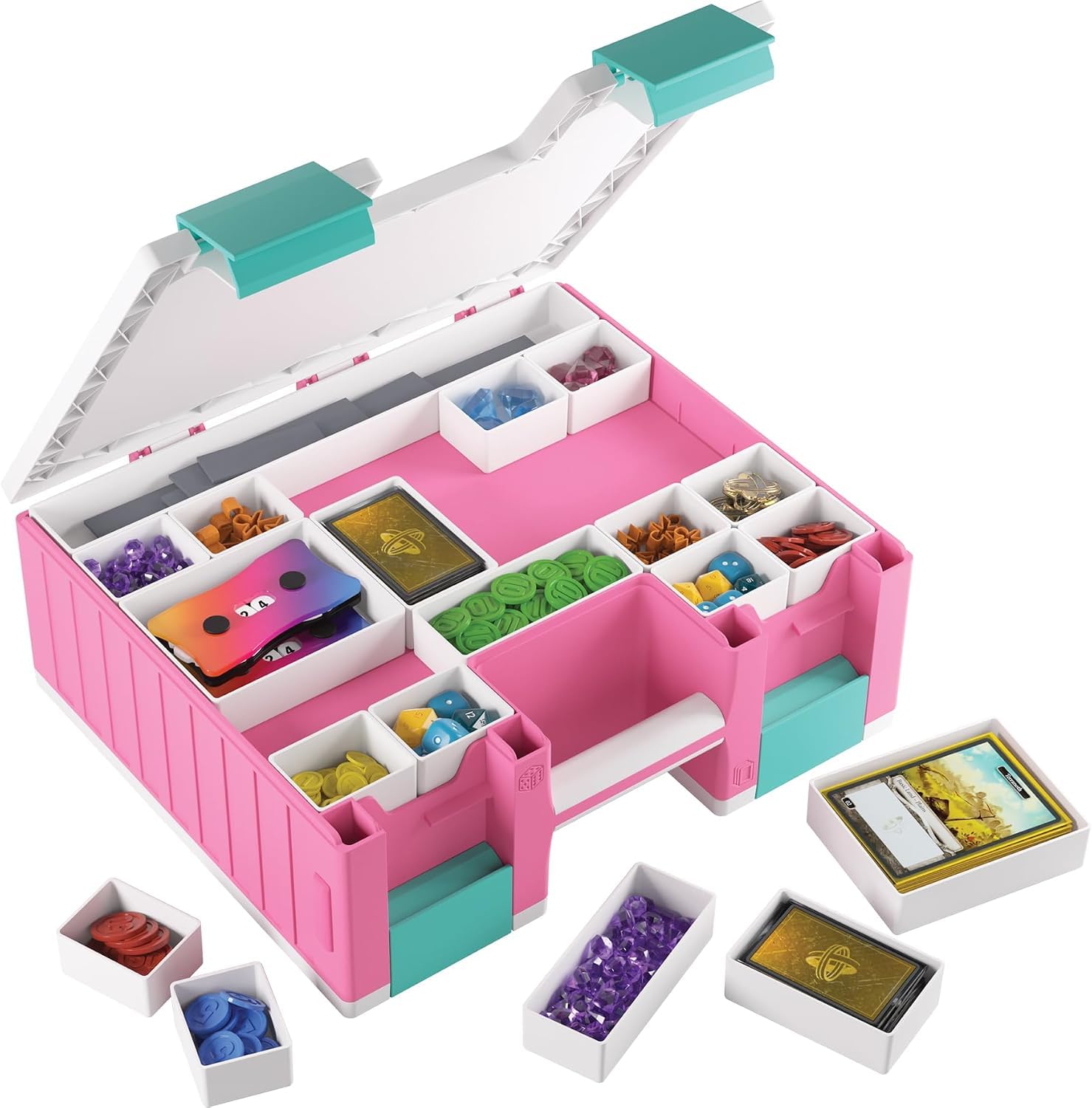 Asmodee Gamegenic - Game Castle Pink White Teal - boîte de rangement transportable pour accessoires de jeux et cartes, rangement pour jeux de société avec bandoulière réglable, mallette tout-en-un