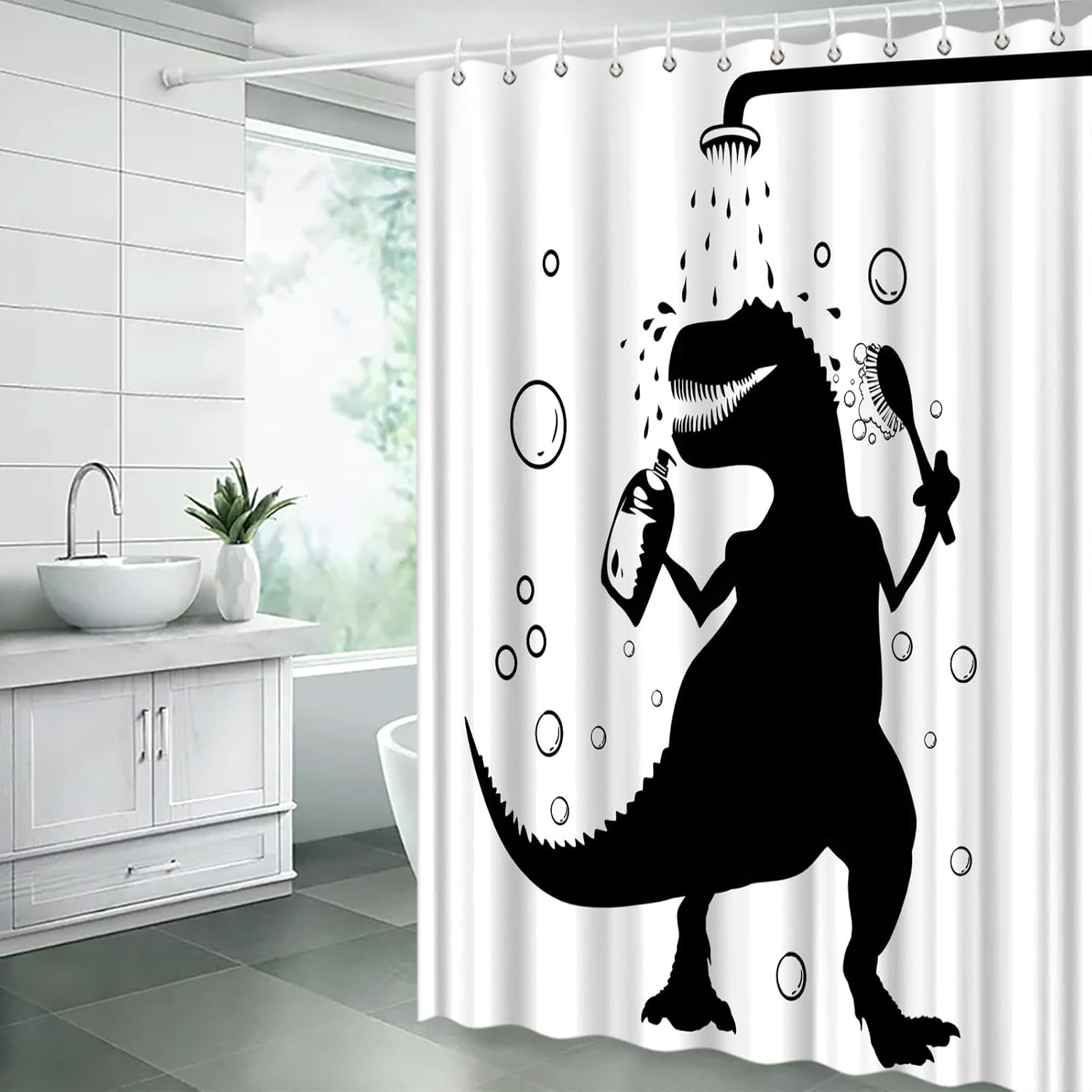 Funny Dinosaur Shower Curtain Dino Cartoon Raptor Silhouette Fun Animal Black White Shadow 70" Wx84 H Fabric Bathroom Decor Curtain with Hooks