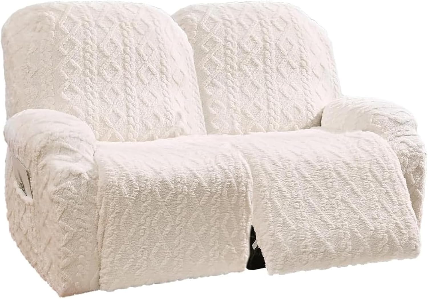 6-Piece Large Loveseat Recliner Covers, Geometric Jacquard Plush Fuzzy Slipcovers, Anti-Slip Elastic Bottom Stays in Place for Recliners, Couch, Kids Cats Dogs (Off White, 2 Seater)