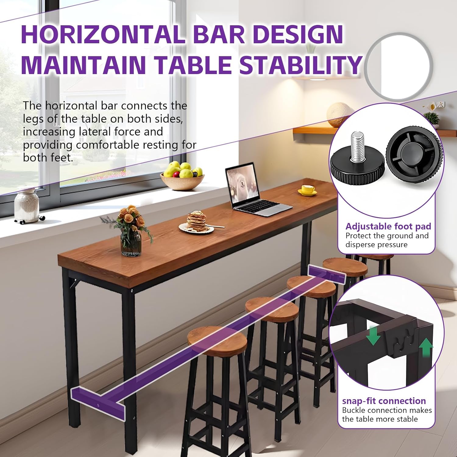Industrial Bar Table, Rectangular Pub Table with 1" Thick, Bar Height Tall Tables for Kitchen & Small Spaces, High Top Table (Bar Stools Not Included) Black 63''*15.7''*41.3''