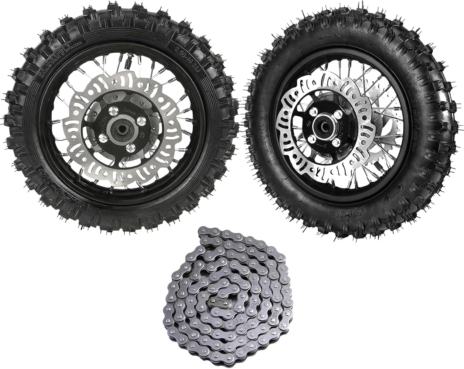 2.50-10 Dirt Bike Wheel 10" 3.00-10 Tire Rim with Disc Brake Rotor Front and Rear Wheel Assembly, 420 108 Links Chain for CRF50 XR50 Apollo Scooter Mini Pocket Pit Bike Off-Road Motorcycle 50cc-125cc