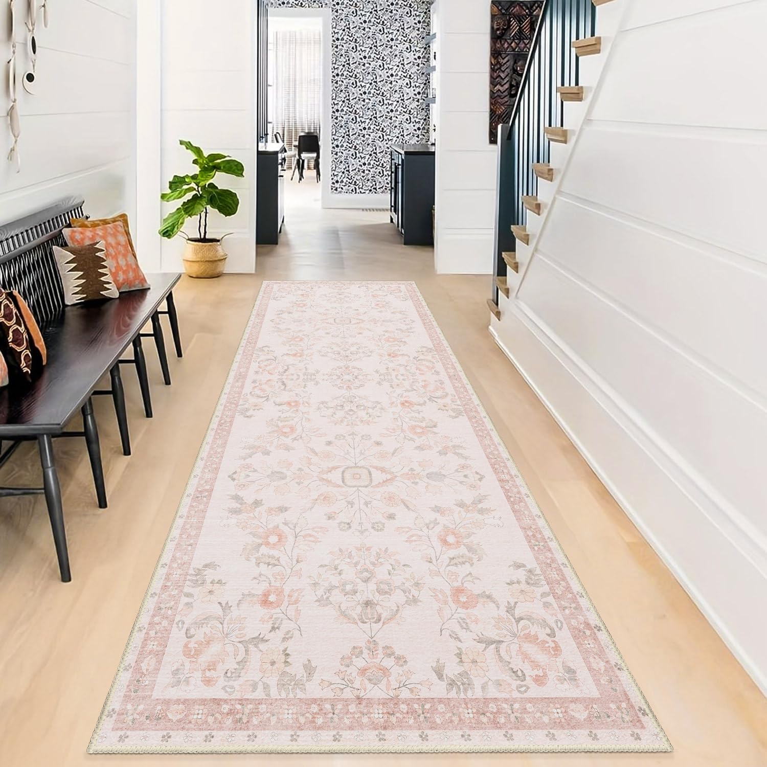 MUJOO Washable Runner Rug for Kitchen Hallways,2x6 Runner Rug Non Slip,Floral Carpet Runner for Bathroom Bedroom Laundry Floor,Long Mat Boho Indoor Vintage Low Pile Pink