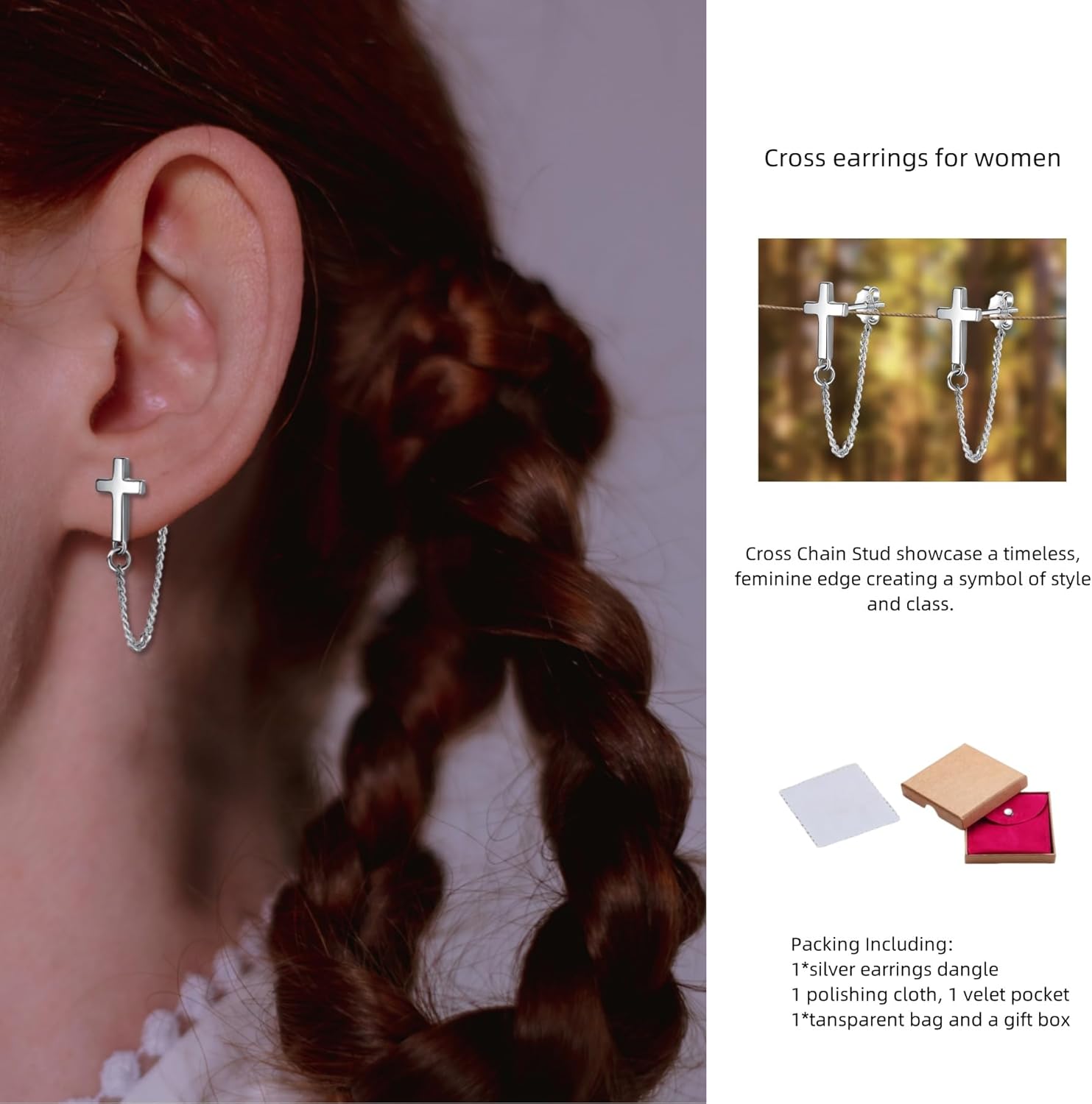 925 Sterling Silver Chain Earrings Dangle Earrings for Women 18K Gold Plated Bar Cross Hoop Ear Cuff Double Twis Hypoallergenic Dangling Jewelry Gift for Christmas Birthday for Sensitve Ears - Image 3