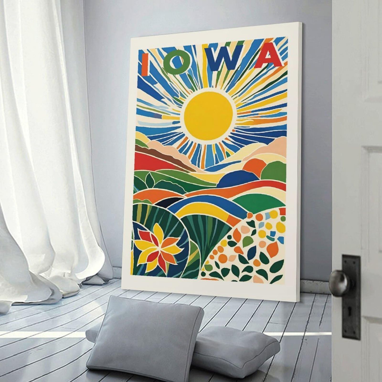Junmoney Iowa Landscape with Sun And Text Canvas Wall Art 20x30inch(50x75cm), for Home Lounge, Bedroom Or Reading Nook, Eye Catching Artwork for Blank Walls
