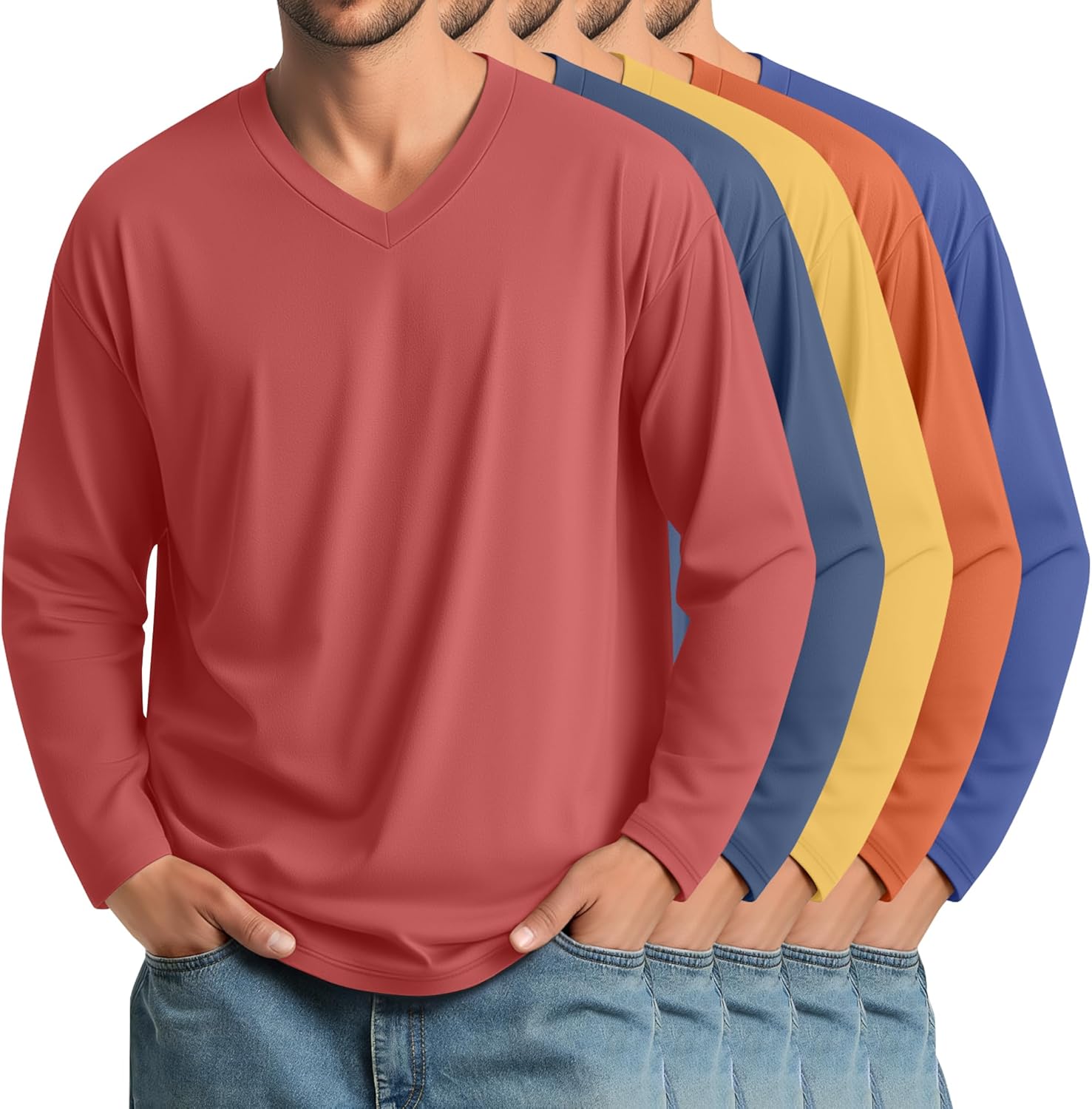 5 Pack Men's Big and Tall Shirts Cotton V Neck L-7xl Long Sleeve Loose Tops Winter Casual Basic Tee Multipack