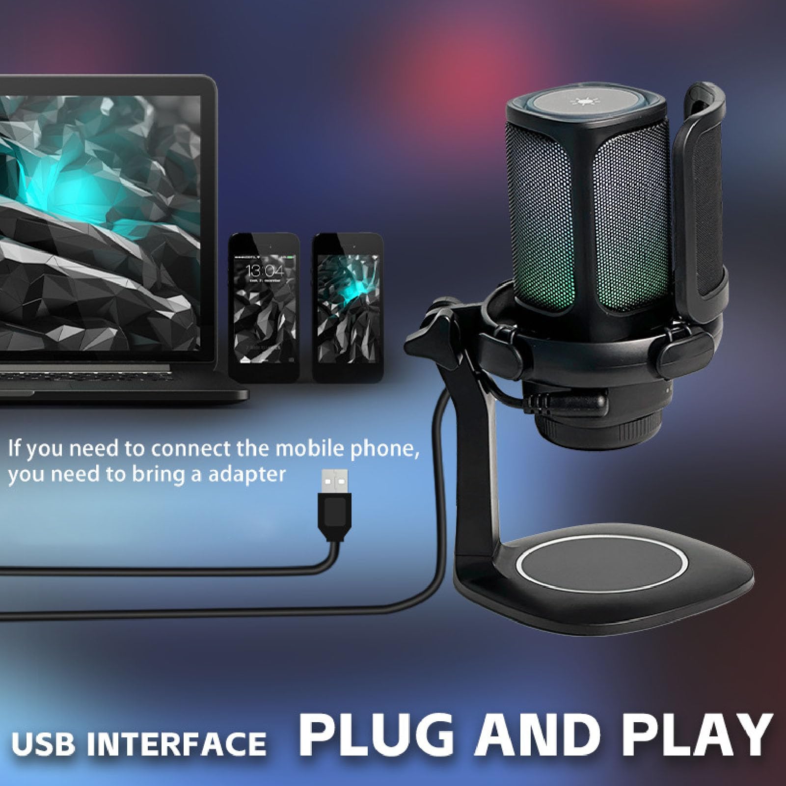 Gaming USB Microphone for PC Cardioid Desktop RGB Mic Condenser Microphone with Filter for Streaming Podcasting