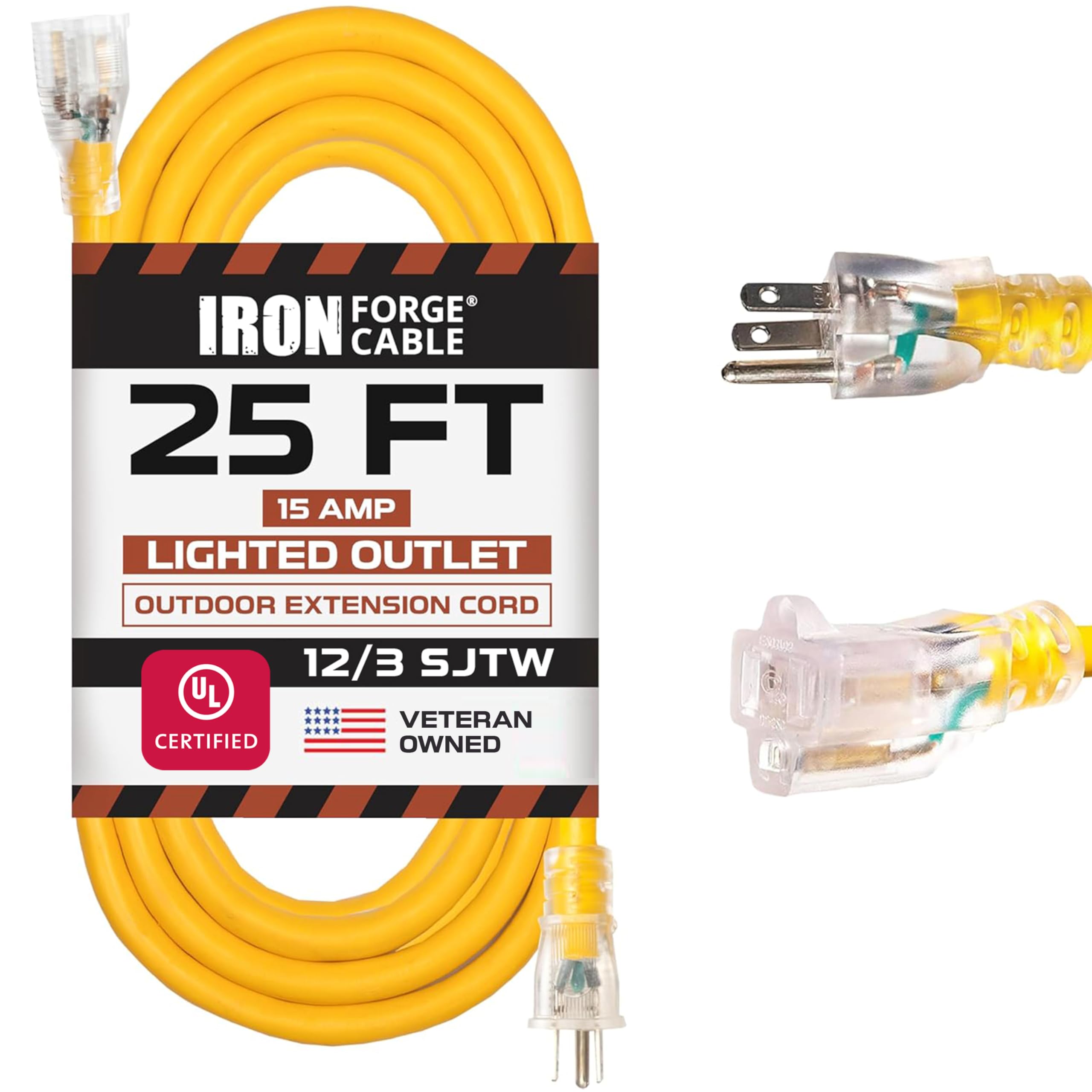 IRON FORGE CABLE 25 Foot Lighted Outdoor Extension Cord - 12/3 SJTW Heavy Duty Yellow Extension Extension with 3 Prong Grounded Plug for Safety, 15 AMP - Great for Garden and Major Appliances