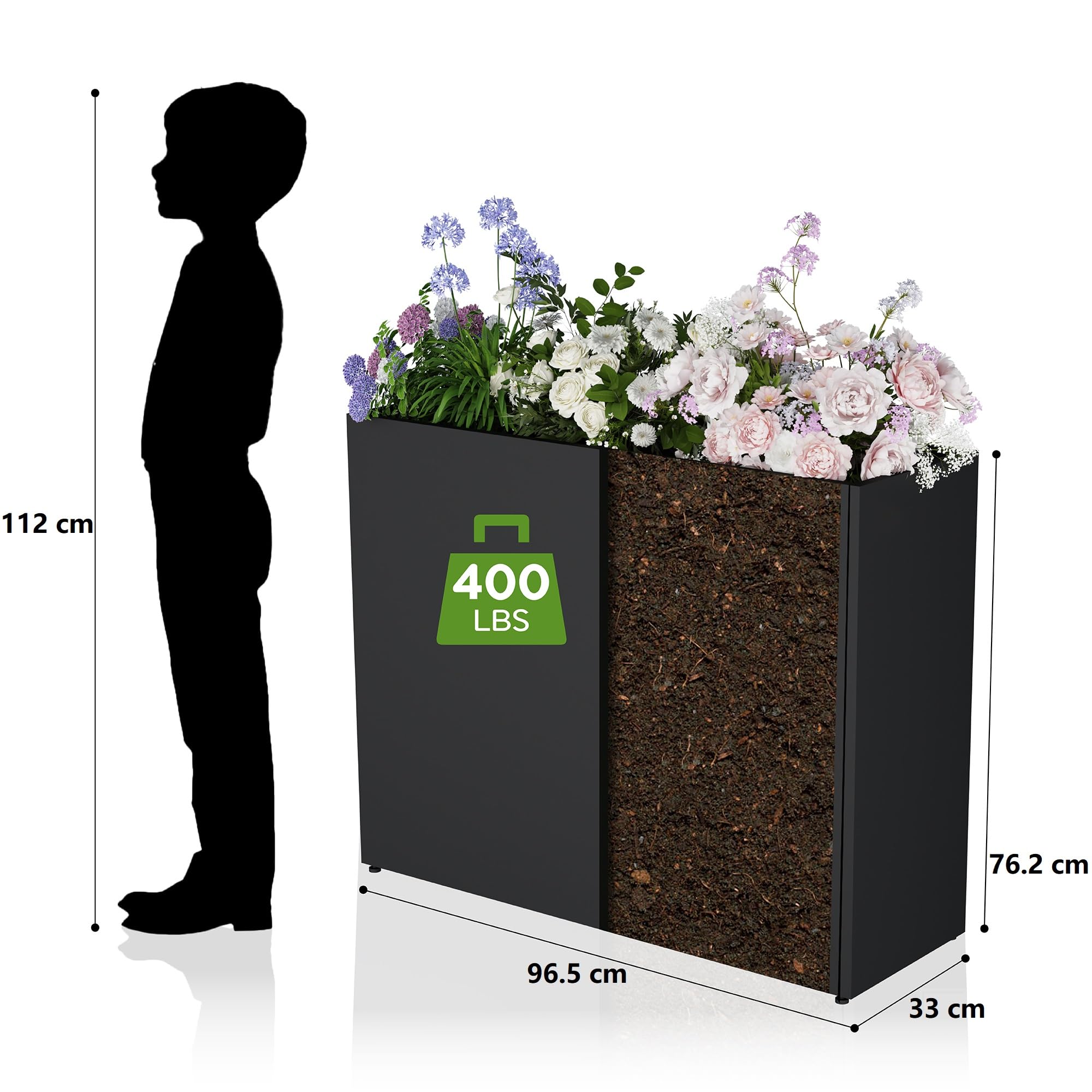 Blumenkasten Hoch Metall Pflanzkübel Rechteckig 96 cm lang XXL Schmal Groß & Wetterfest Dekoratives Hochbeet für Balkon Draußen Garten Terrasse Outdoor