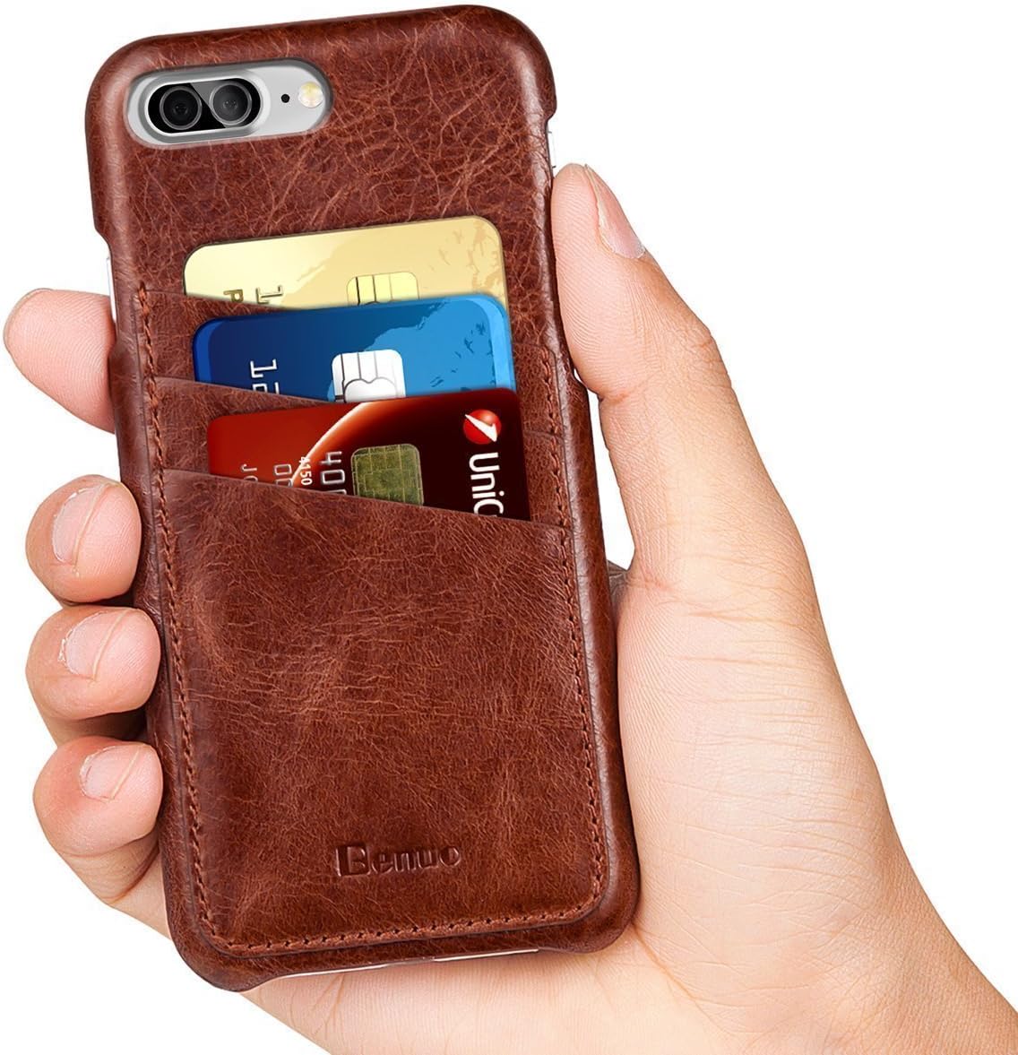 iPhone 8 Plus Case, iPhone 7 Plus Case, Benuo[Card Slot Vintage Series] Premium Genuine Leather Card Case,3 Card Slots, Ultra Slim, Soft Leather Cover for iPhone 8 Plus/7 Plus 5.5 inch (Stylish Brown)