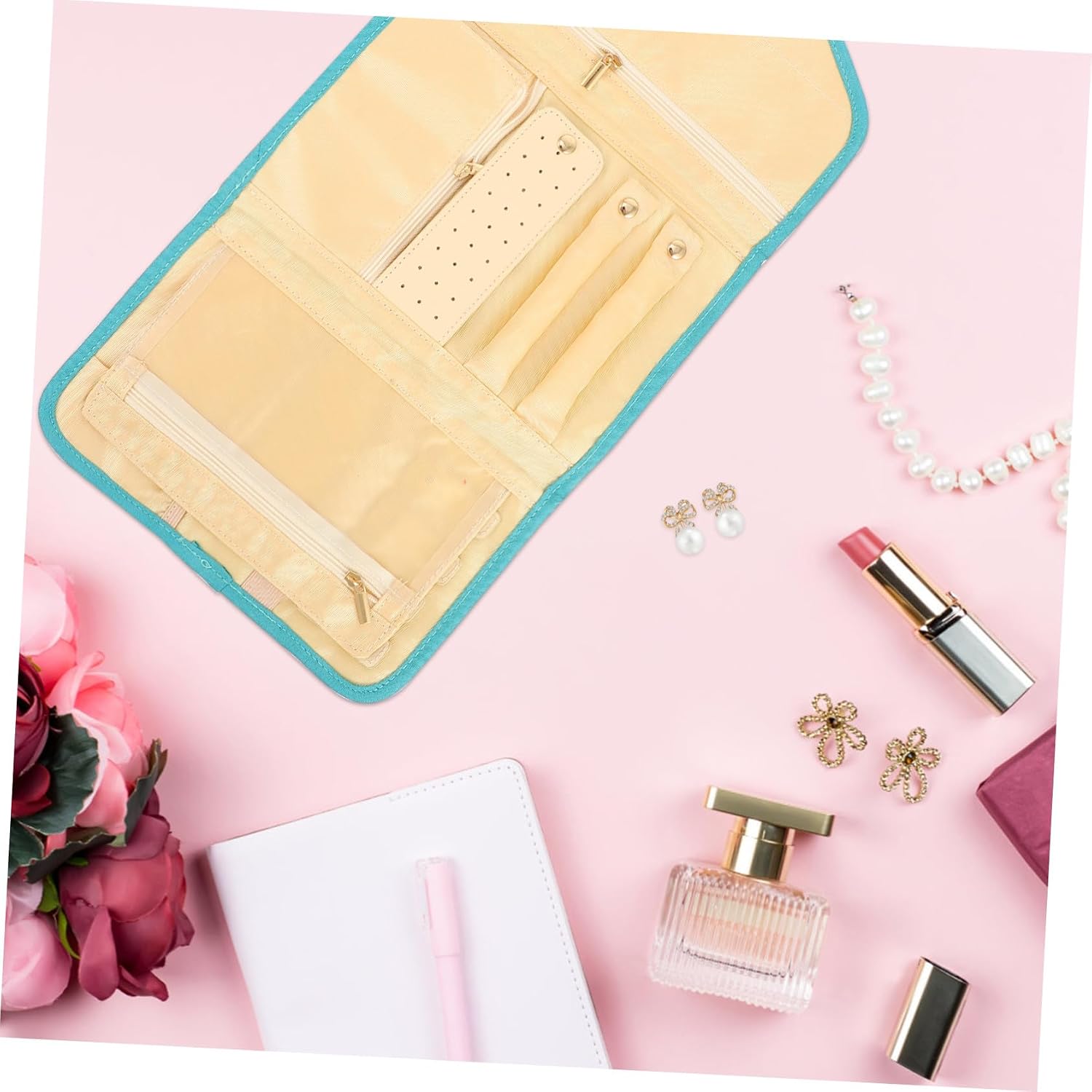 Portable Jewelry Roll Bag Capacity Lightweight Organizer for Earrings Necklaces Bracelets Rings Blue Compact Travel Storage Pouch for Accessories