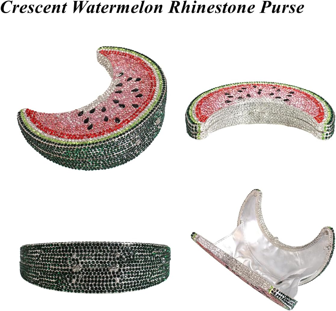 Gorgeous Women Crescent Watermelon Crystal Evening Bag Fruit Rhinestone Clutch Purse Diamond Bridal Prom Handbag