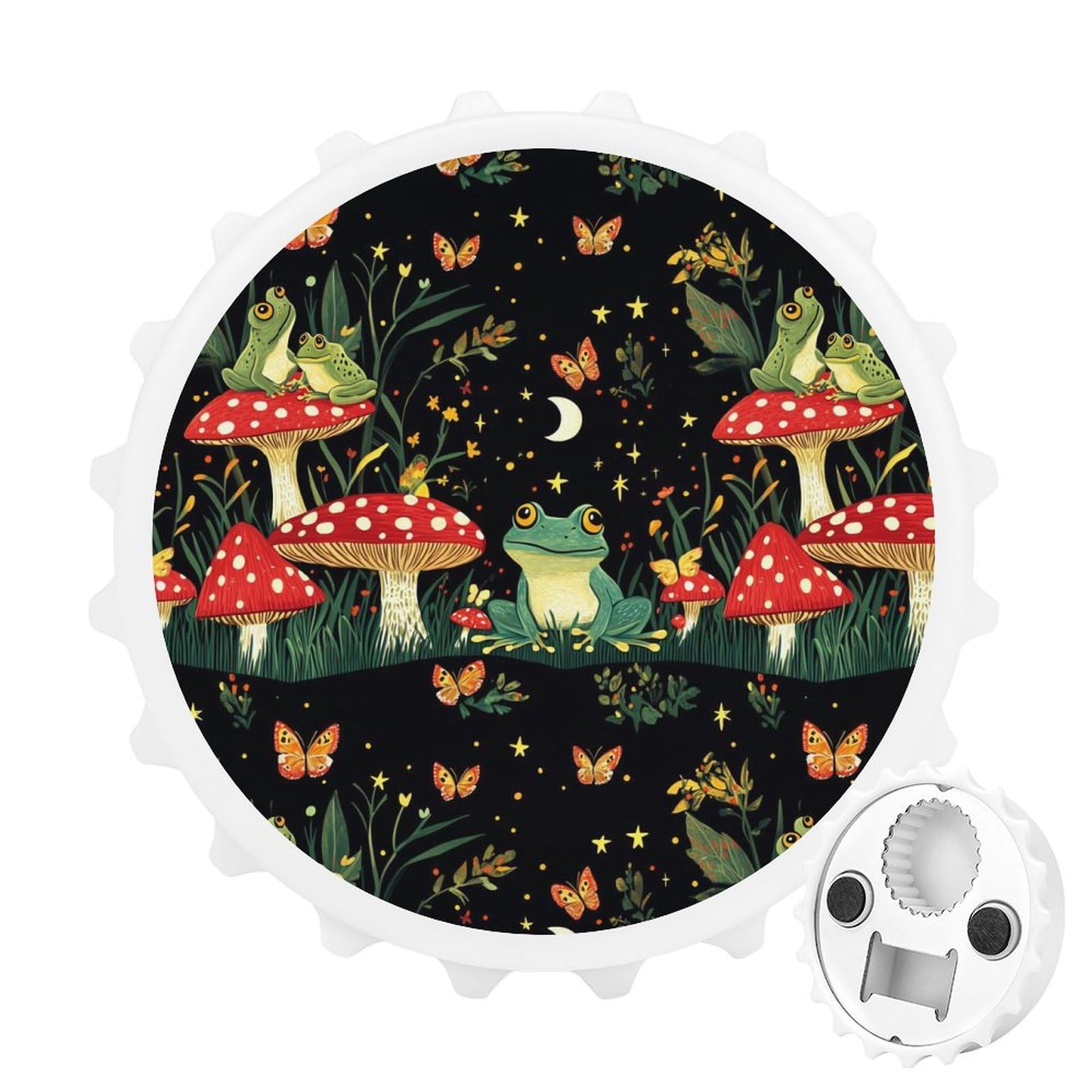 Frogs Toads Red Mushrooms Grass 2 in 1 Beer Bottle Opener Wall Mount Opener Portable Easy Storage Gift for Men Women White-style